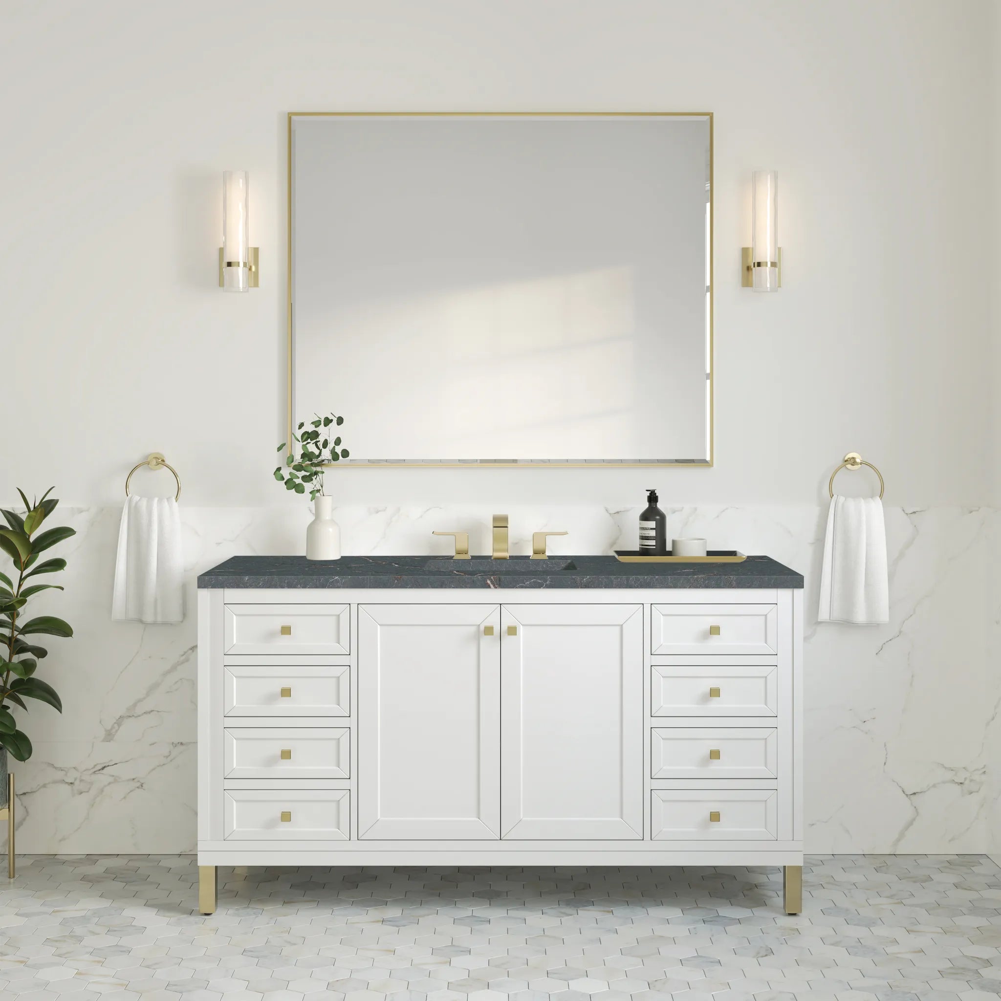 60" Chicago Single Vanity in Glossy White-Parisien Bleu Silestone-8" Widespread image 3