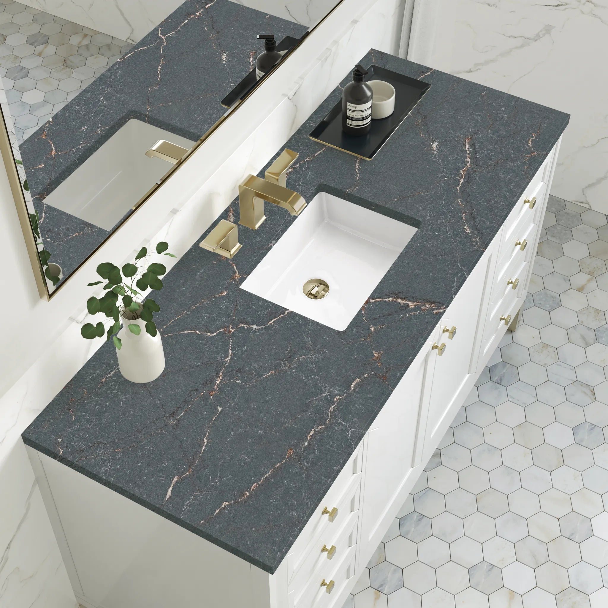 60" Chicago Single Vanity in Glossy White, w/FreePower Wireless Charger-Parisien Bleu Silestone-8" Widespread image 9