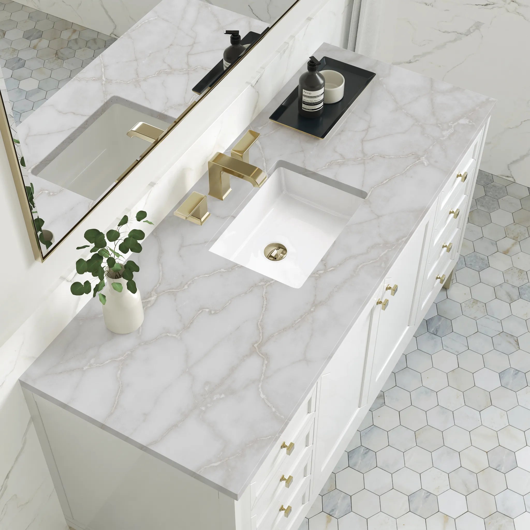 60" Chicago Single Vanity in Glossy White, w/FreePower Wireless Charger-Victorian Silver Silestone-8" Widespread image 8