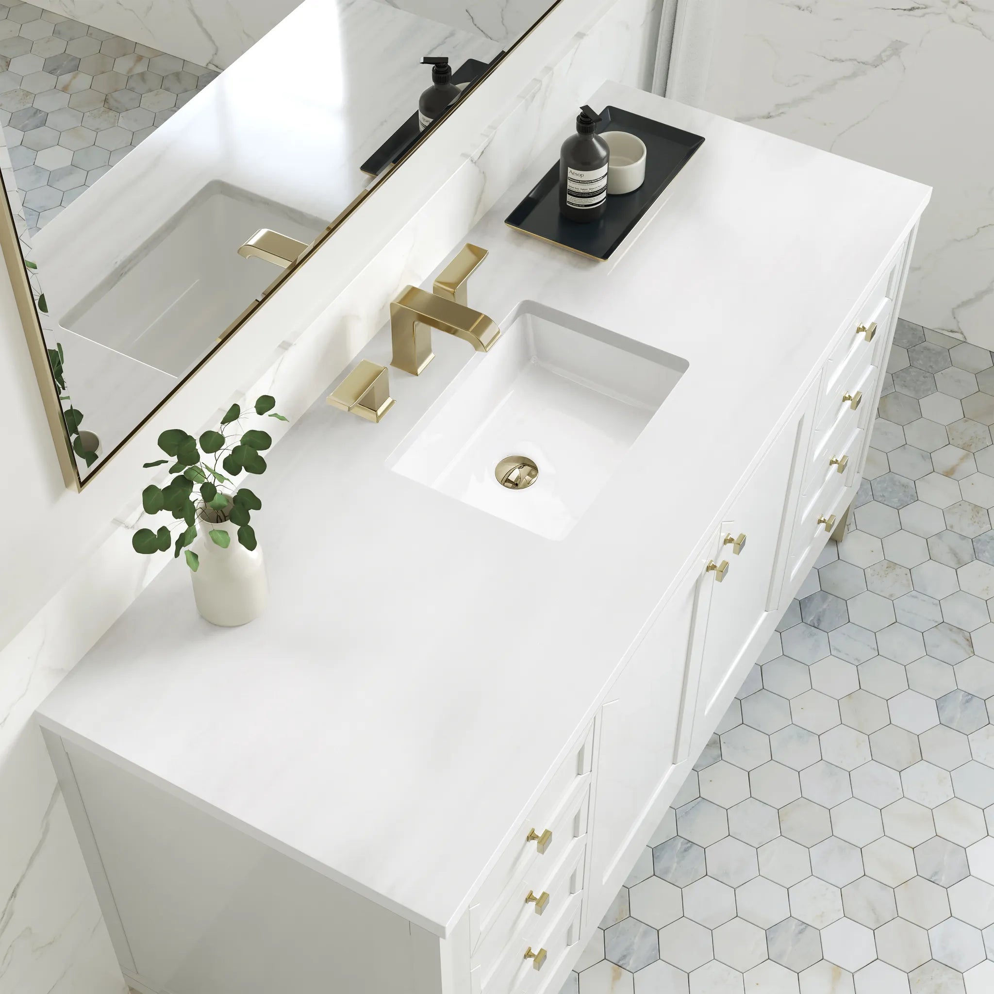 60" Chicago Single Vanity in Glossy White-White Zeus Silestone-8" Widespread image 7