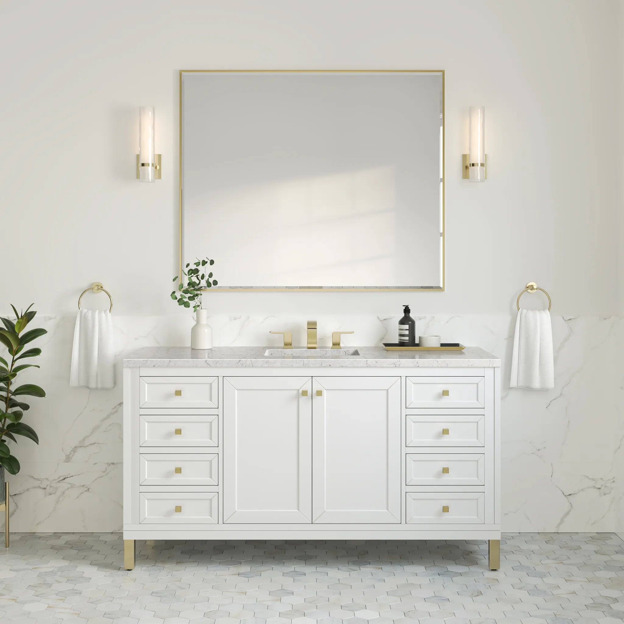 60" Chicago Single Vanity in Glossy White, Wireless Charger-Eternal Jasmine Pearl Silestone-8" Widespread image 4