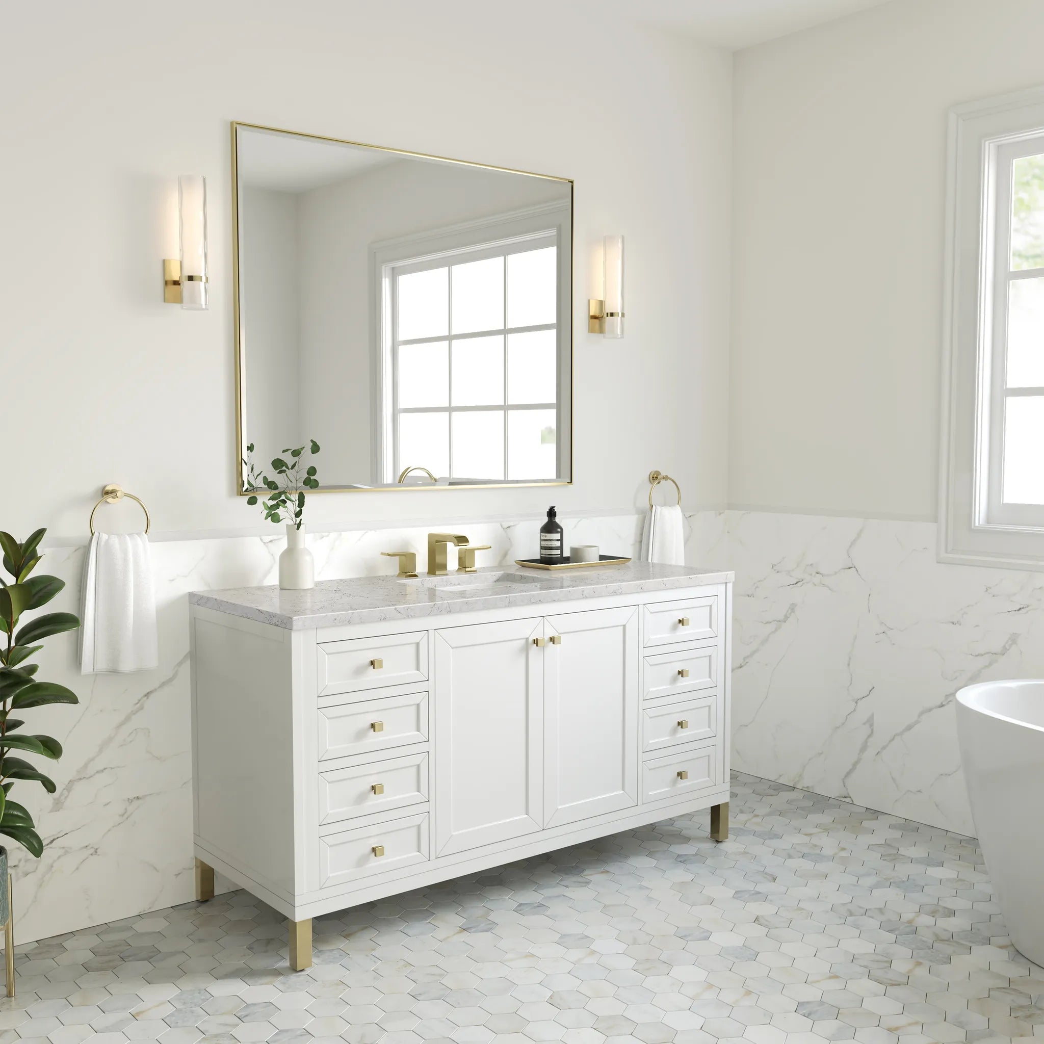 60" Chicago Single Vanity in Glossy White, Wireless Charger-Eternal Jasmine Pearl Silestone-8" Widespread image 5