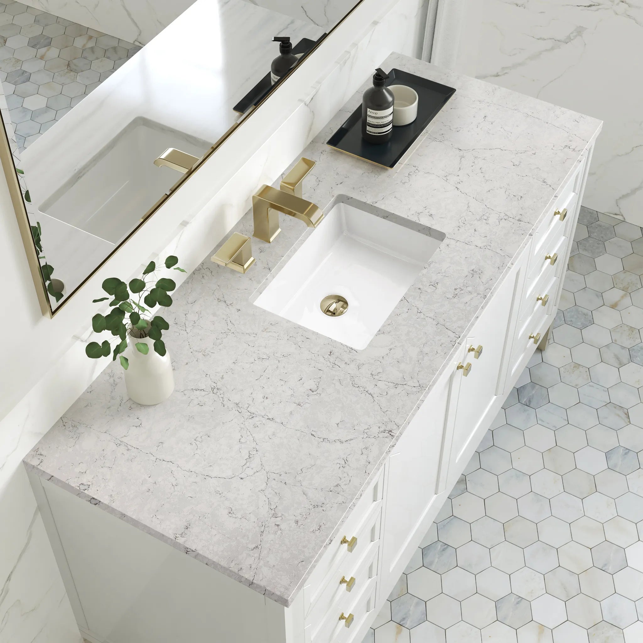 60" Chicago Single Vanity in Glossy White, Wireless Charger-Eternal Jasmine Pearl Silestone-8" Widespread image 8