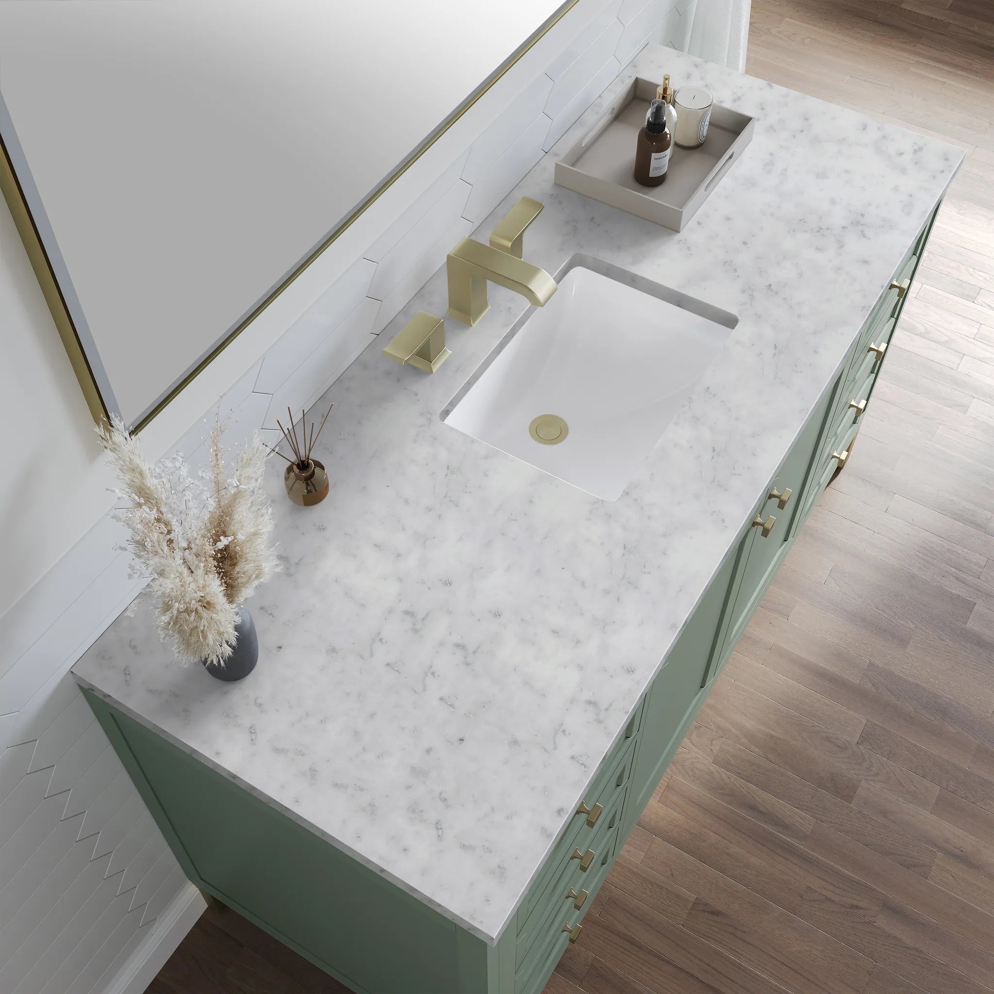 60" Chicago Single Vanity in Smokey Celadon-Carrara White Marble-8" Widespread image 8