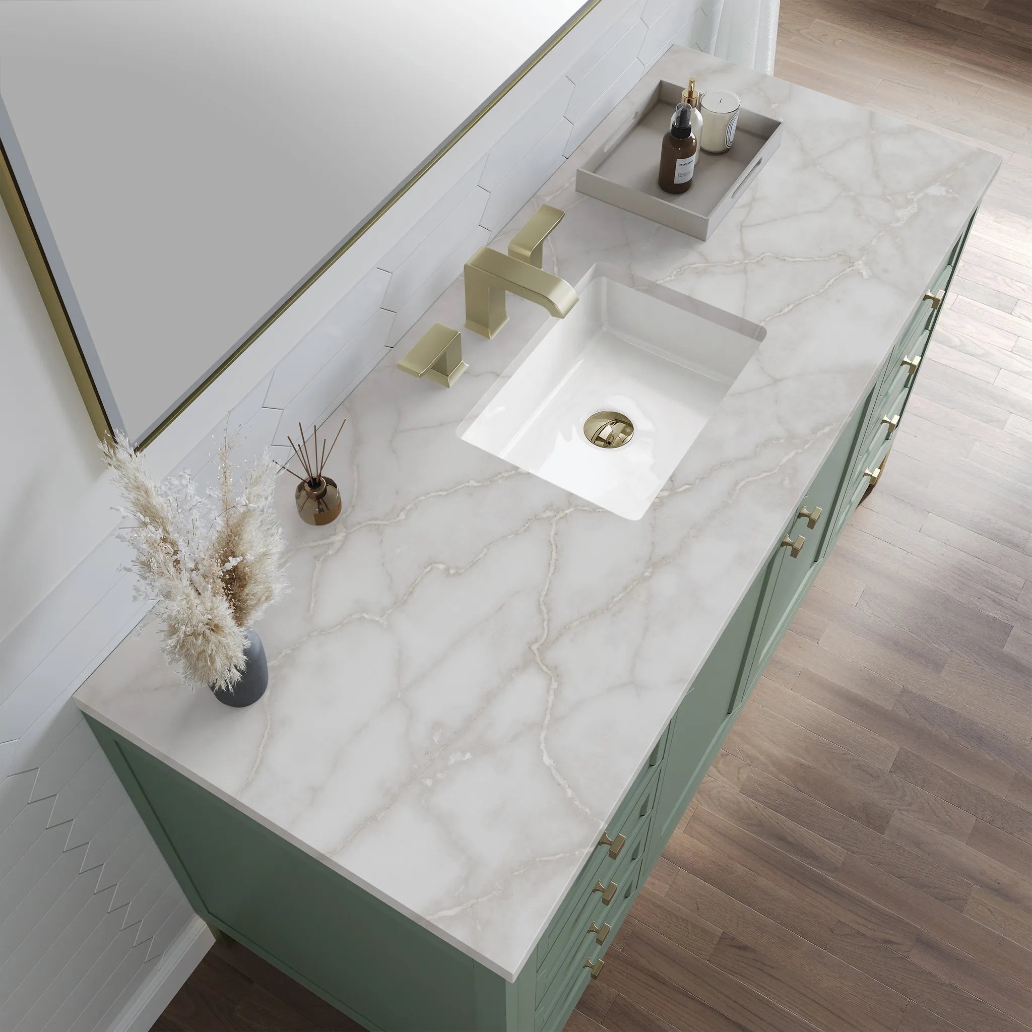60" Chicago Single Vanity in Smokey Celadon-Victorian Silver Silestone-8" Widespread image 7