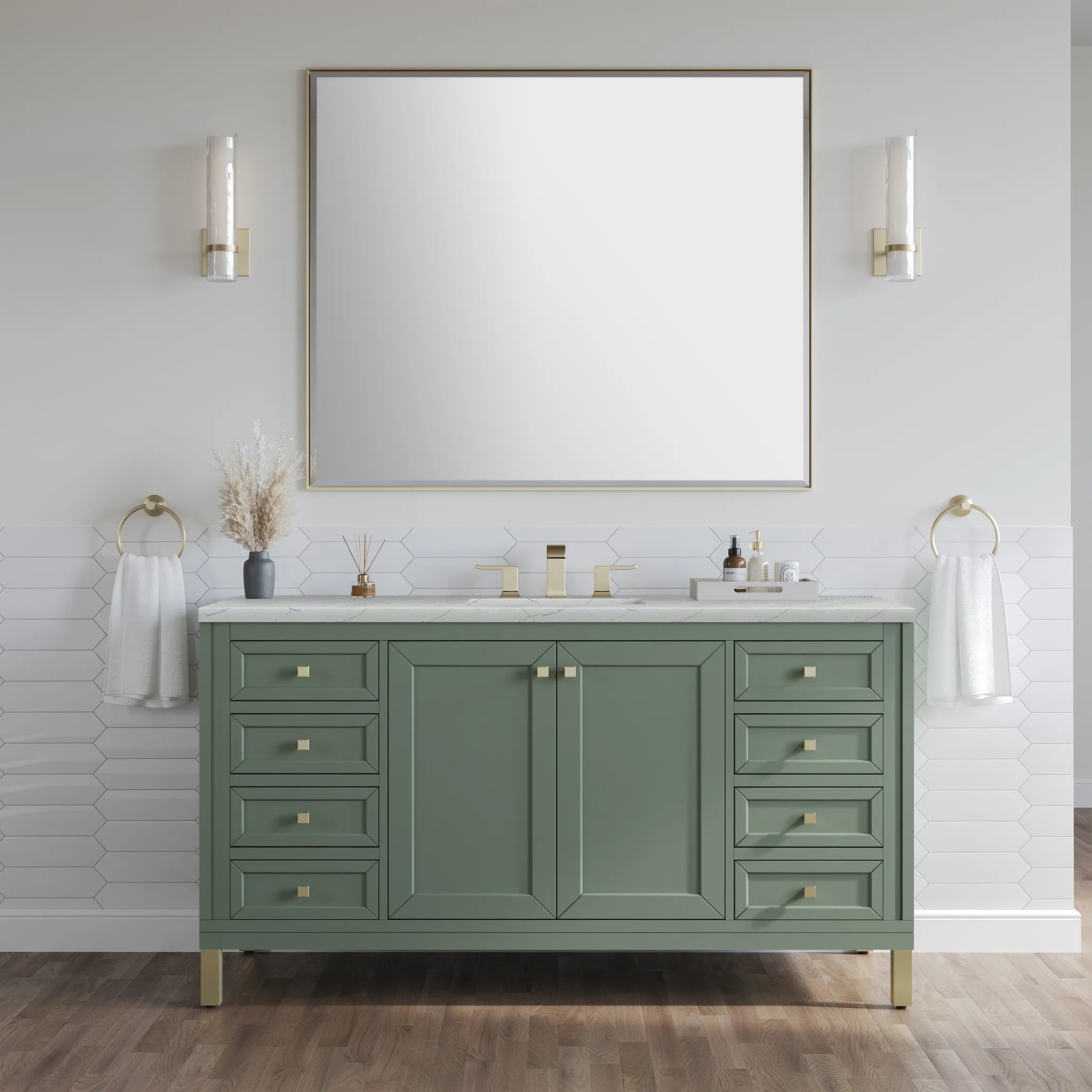60" Chicago Single Vanity in Smokey Celadon, w/FreePower Wireless Charger-Ethereal Noctis Silestone-8" Widespread image 4