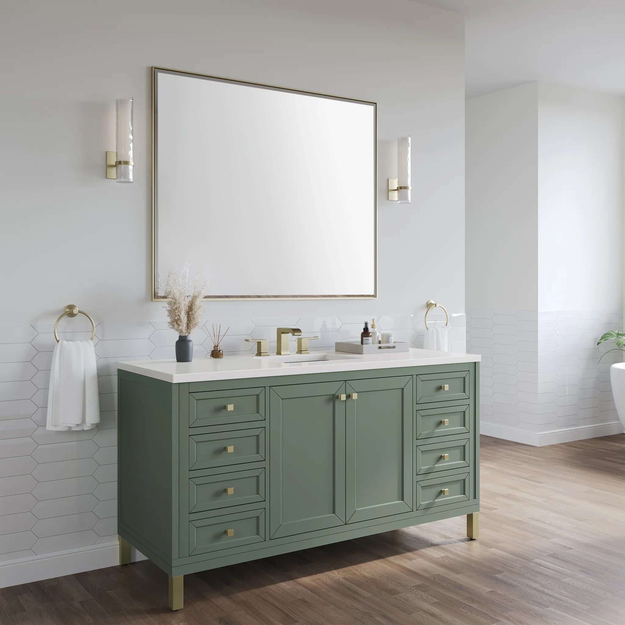 60" Chicago Single Vanity in Smokey Celadon-White Zeus Silestone-8" Widespread image 7