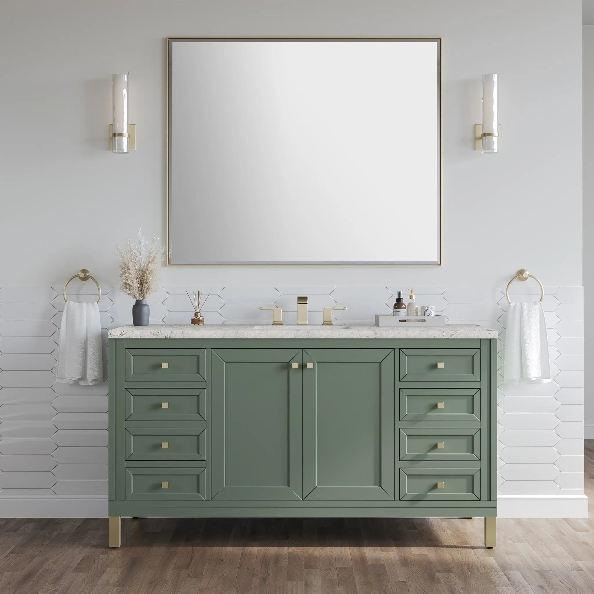 60" Chicago Single Vanity in Smokey Celadon, Wireless Charger-Eternal Jasmine Pearl Silestone-8" Widespread image 4