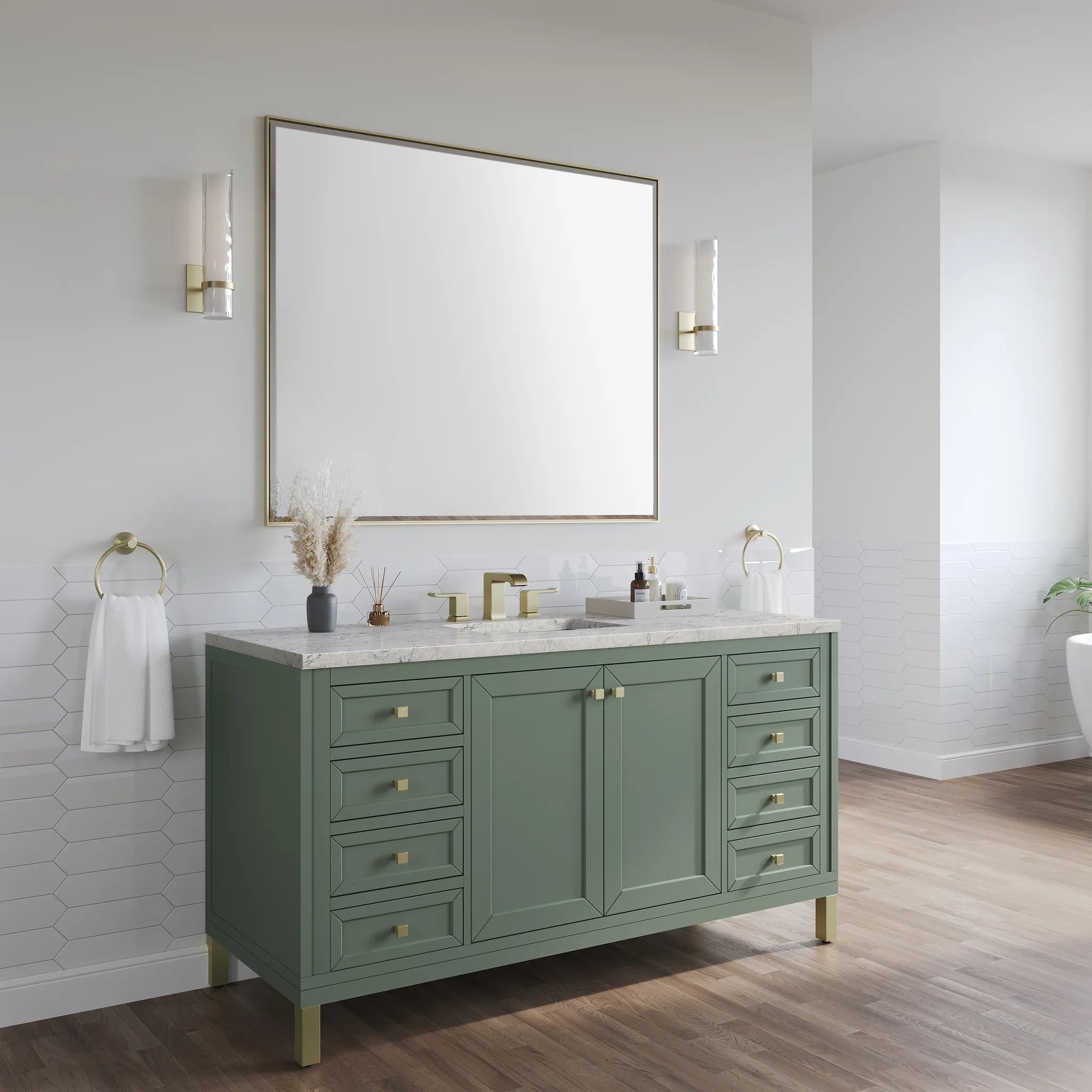 60" Chicago Single Vanity in Smokey Celadon, Wireless Charger-Eternal Jasmine Pearl Silestone-8" Widespread image 5