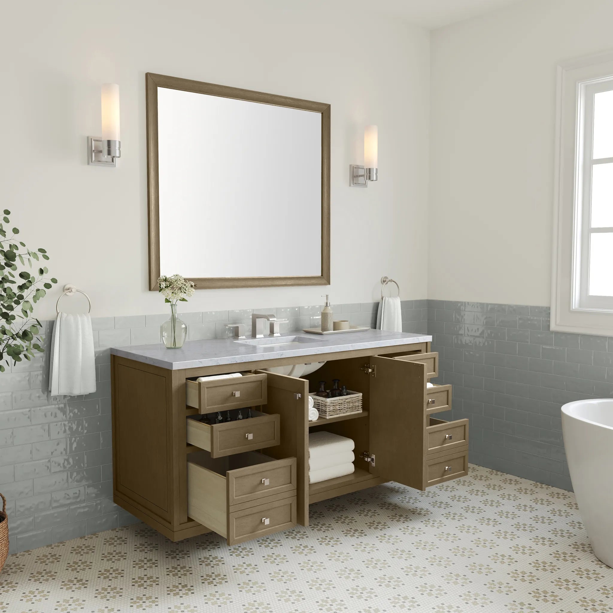 60" Chicago Single Vanity in Walnut Whisper-Carrara White Marble-8" Widespread image 10