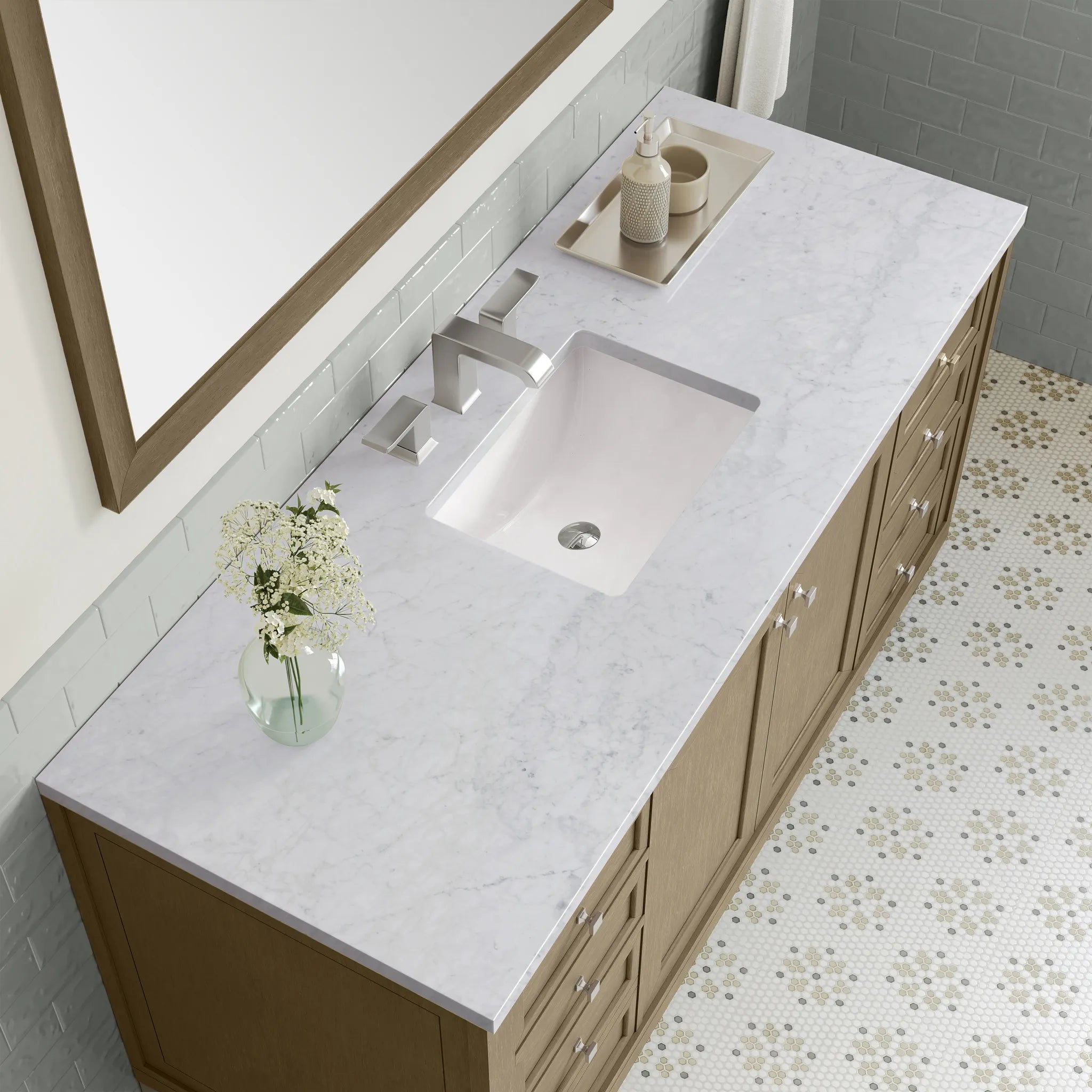 60" Chicago Single Vanity in Walnut Whisper-Carrara White Marble-8" Widespread image 13