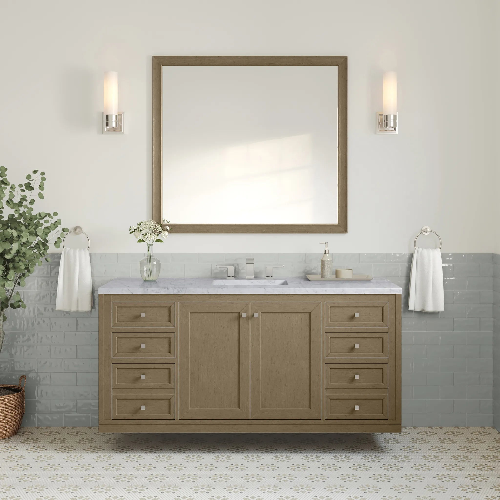 60" Chicago Single Vanity in Walnut Whisper-Carrara White Marble-8" Widespread image 6