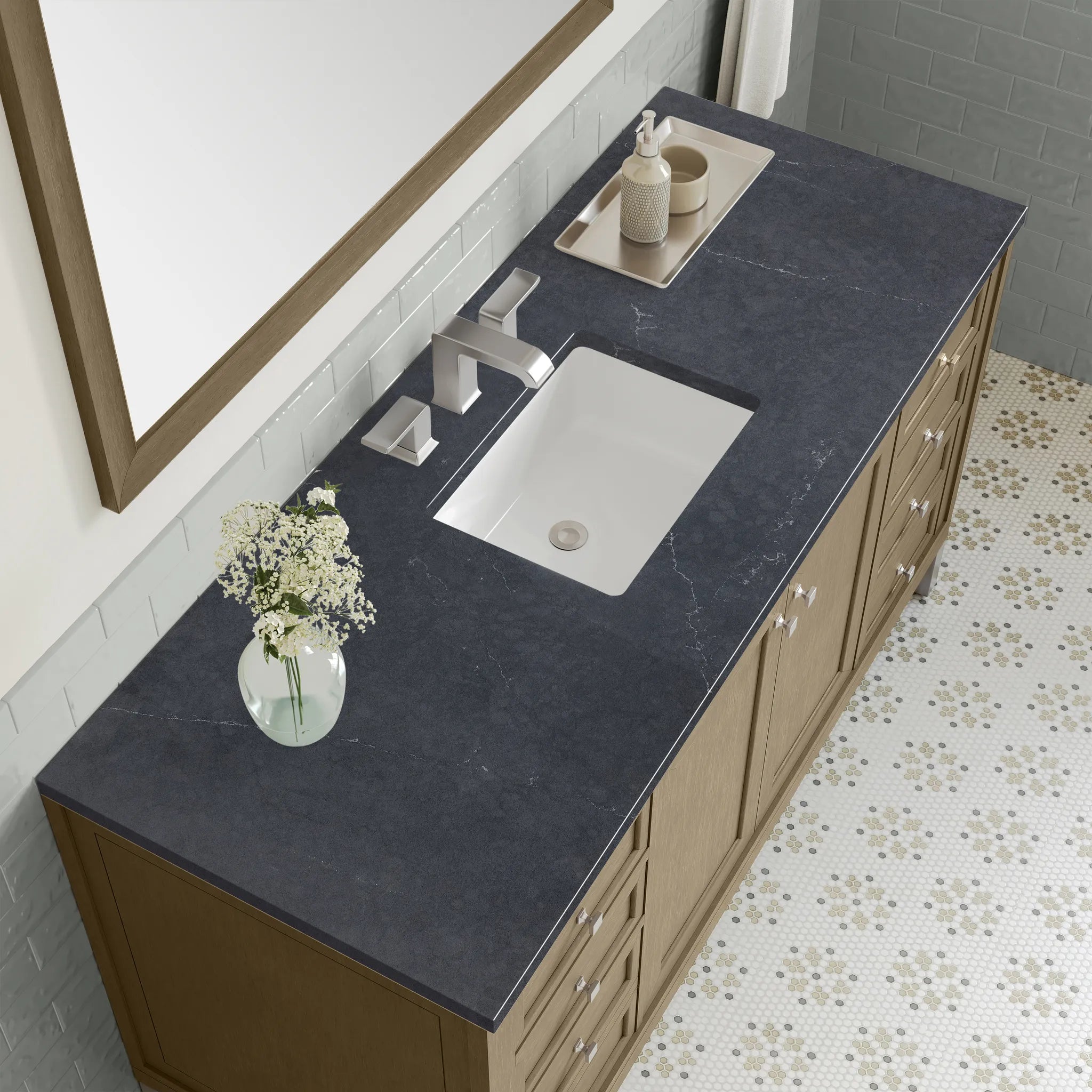 60" Chicago Single Vanity in Walnut Whisper-Charcoal Soapstone Silestone-8" Widespread image 12