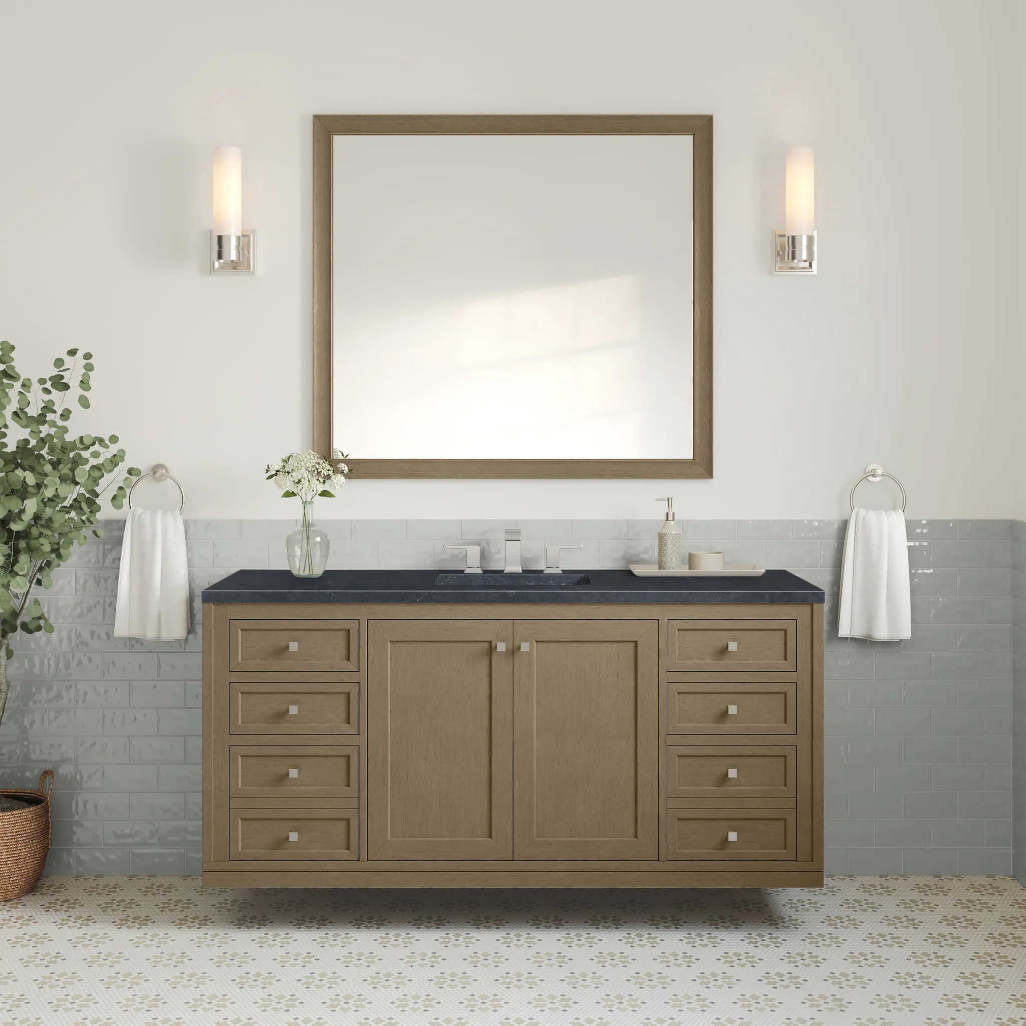 60" Chicago Single Vanity in Walnut Whisper-Charcoal Soapstone Silestone-8" Widespread image 6