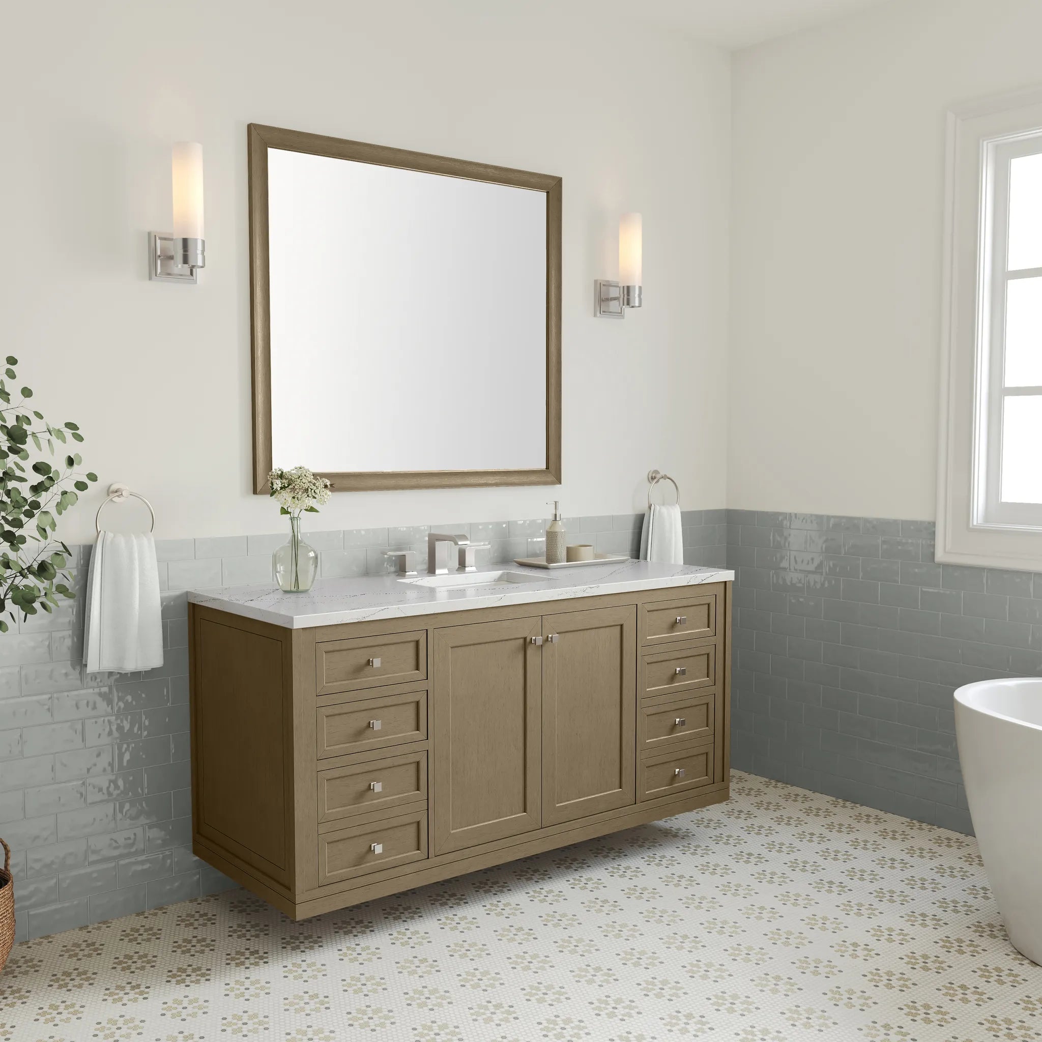 60" Chicago Single Vanity in Walnut Whisper-Ethereal Noctis Silestone-8" Widespread image 8
