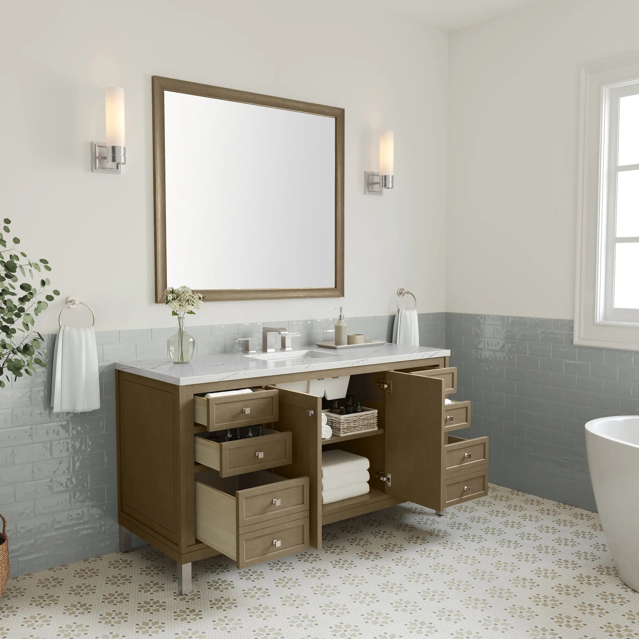 60" Chicago Single Vanity in Walnut Whisper-Ethereal Noctis Silestone-8" Widespread image 9