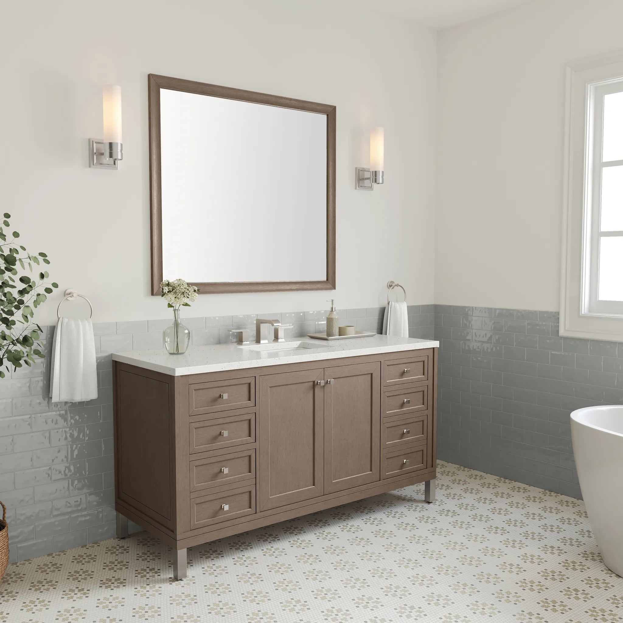 60" Chicago Single Vanity in Walnut Whisper-Lime Delight Silestone-8" Widespread image 3
