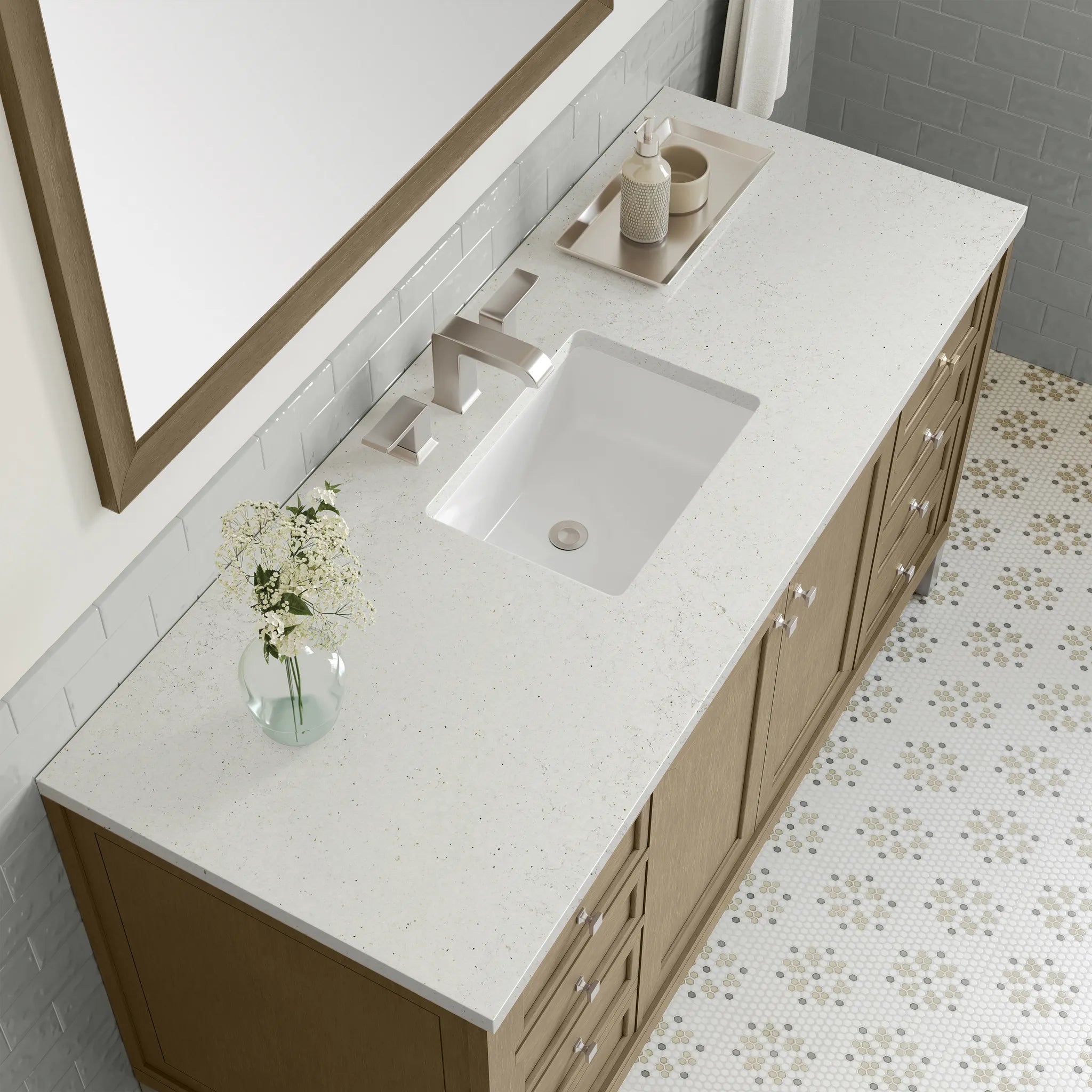 60" Chicago Single Vanity in Walnut Whisper-Lime Delight Silestone-8" Widespread image 6