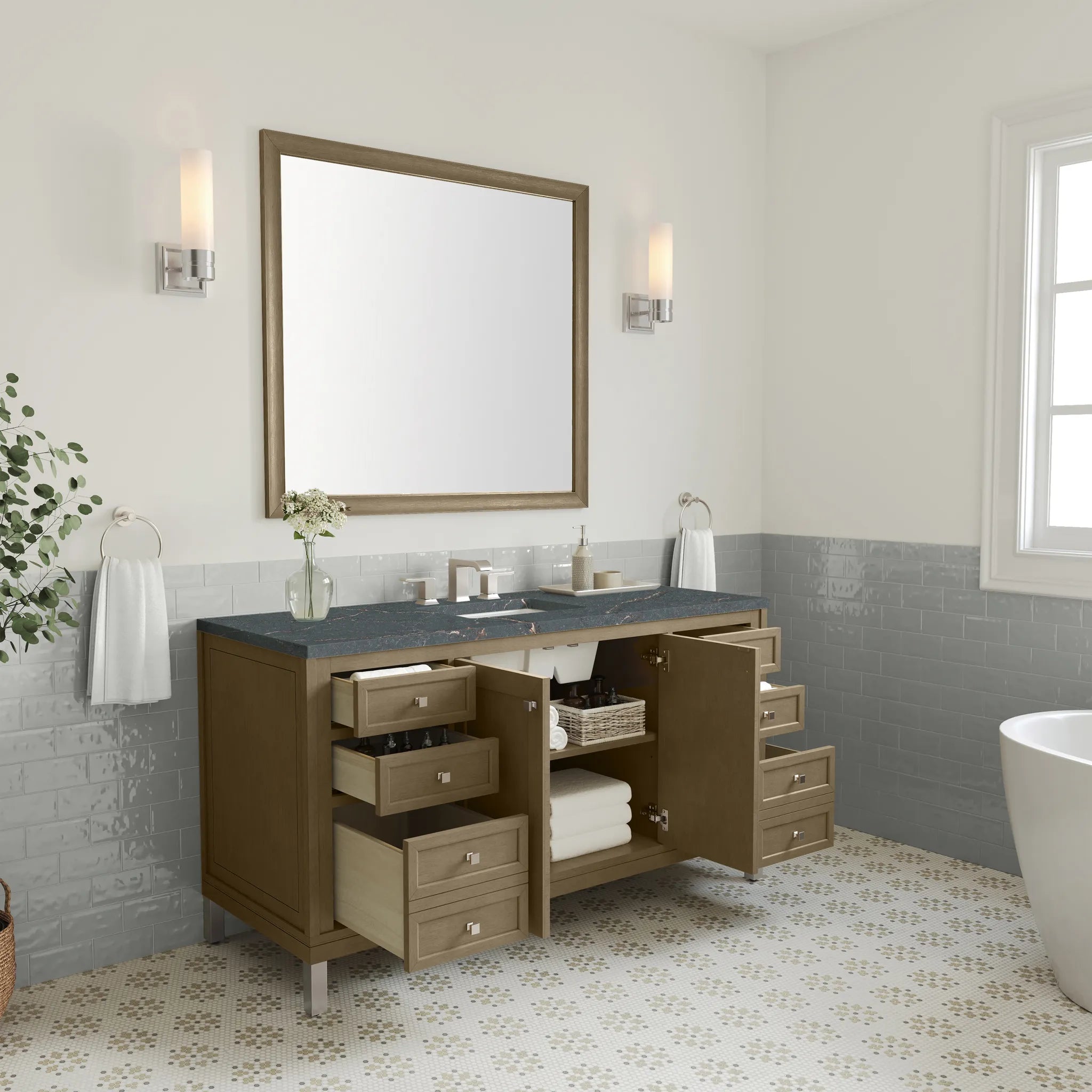 60" Chicago Single Vanity in Walnut Whisper-Parisien Bleu Silestone-8" Widespread image 4