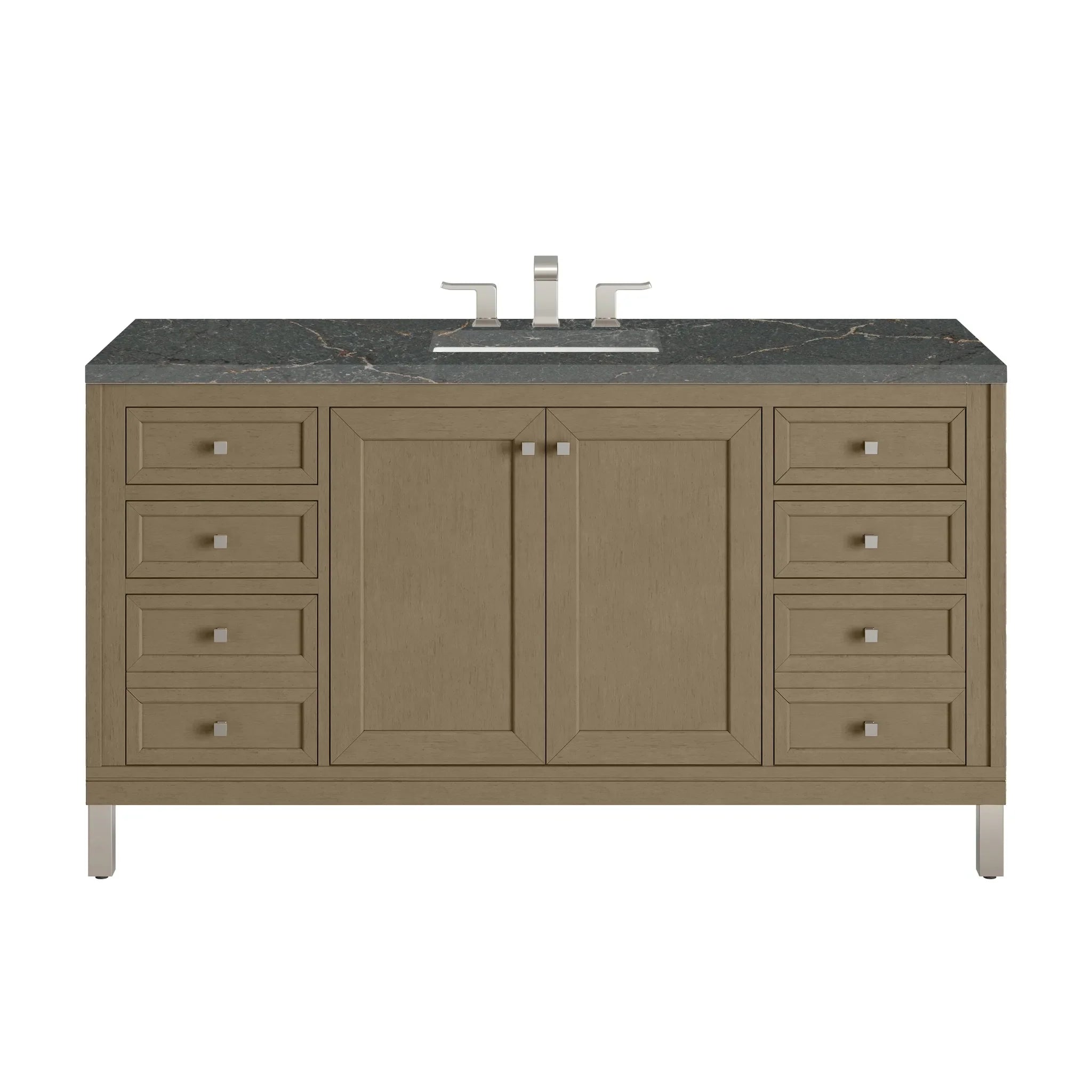 60" Chicago Single Vanity in Walnut Whisper-Parisien Bleu Silestone-8" Widespread image