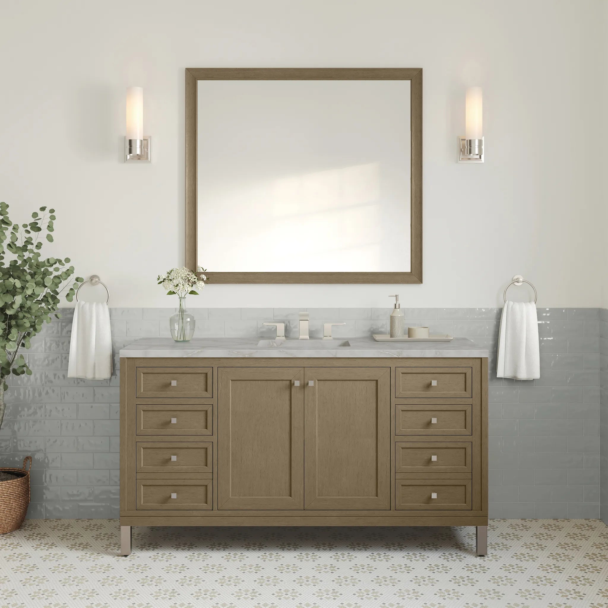 60" Chicago Single Vanity in Walnut Whisper-Victorian Silver Silestone-8" Widespread image 2