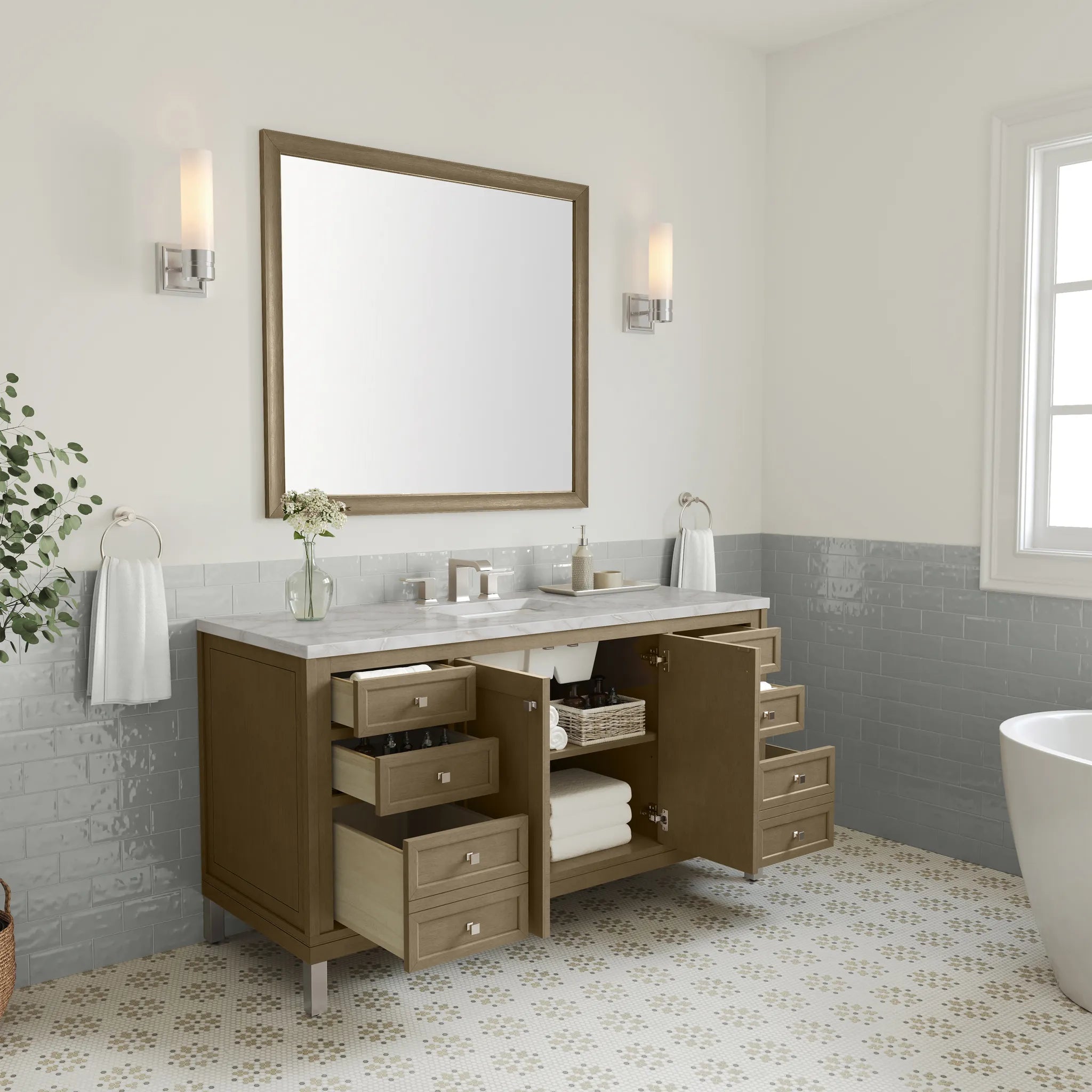 60" Chicago Single Vanity in Walnut Whisper-Victorian Silver Silestone-8" Widespread image 4