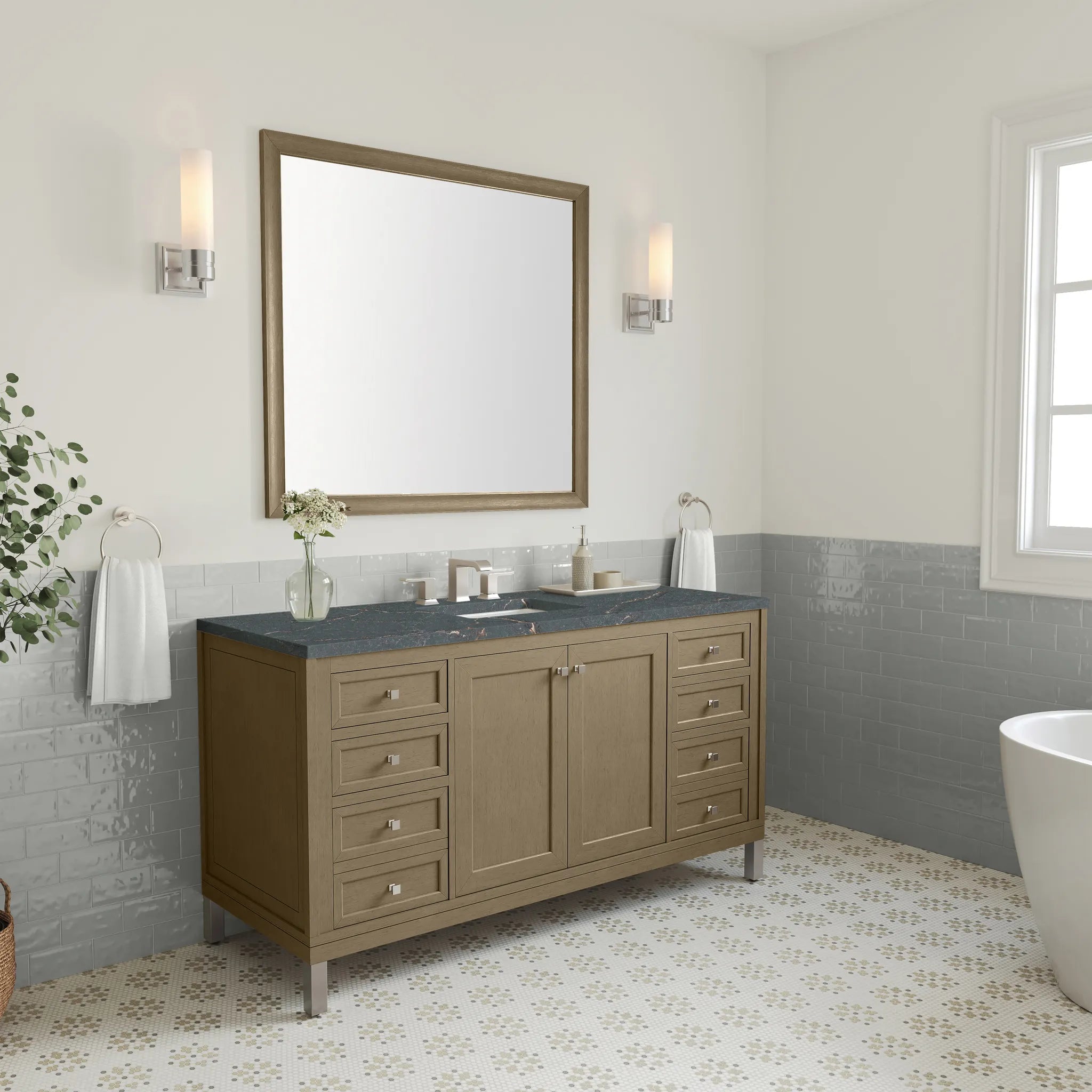 60" Chicago Single Vanity in Walnut Whisper, w/FreePower Wireless Charger-Parisien Bleu Silestone-8" Widespread image 6