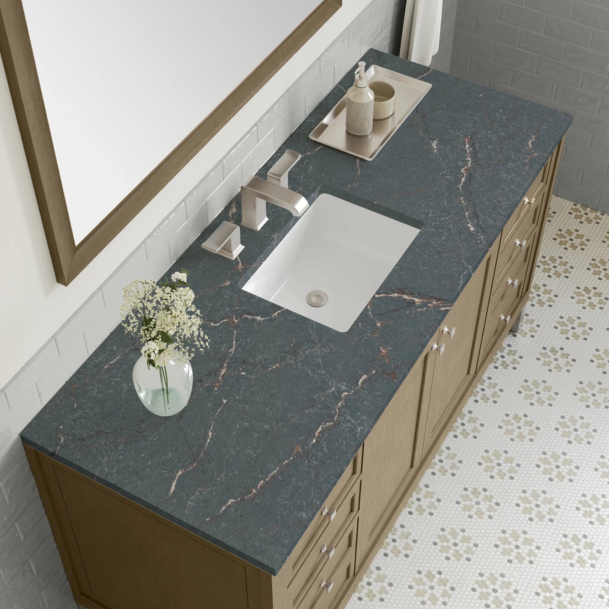 60" Chicago Single Vanity in Walnut Whisper, w/FreePower Wireless Charger-Parisien Bleu Silestone-8" Widespread image 9