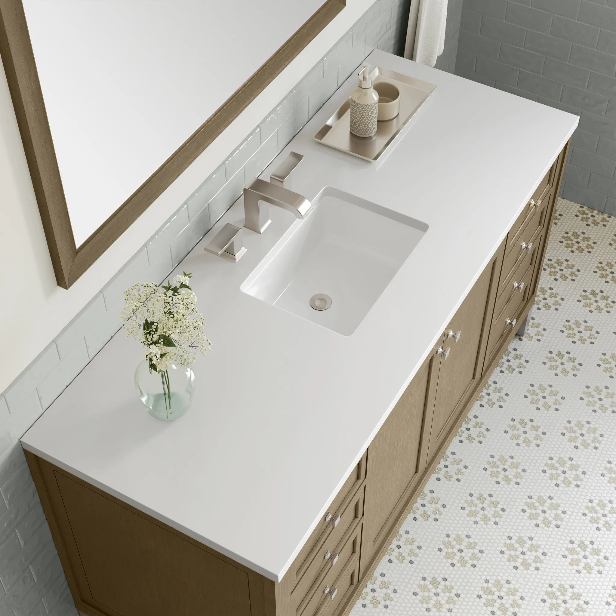 60" Chicago Single Vanity in Walnut Whisper-White Zeus Silestone-8" Widespread image 12