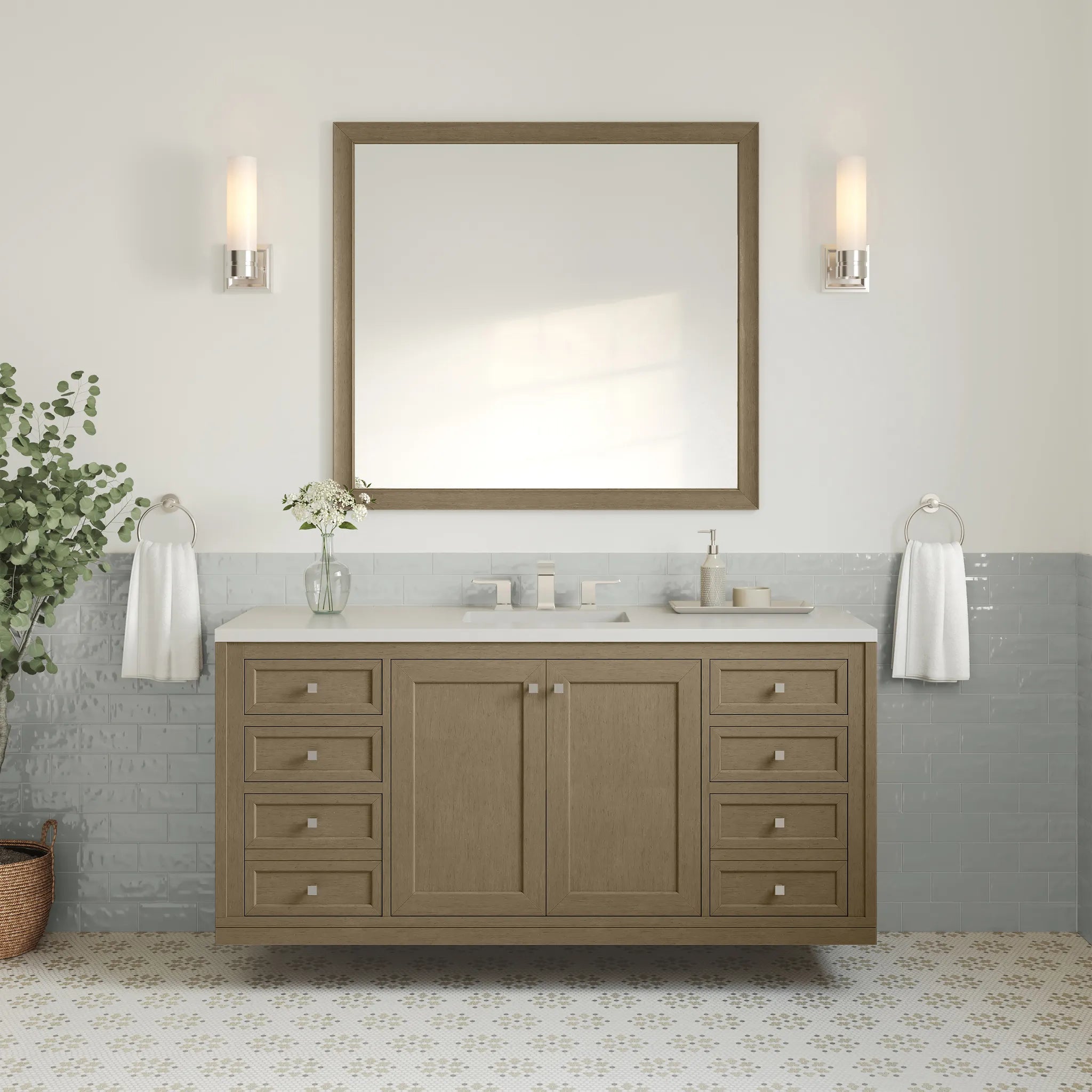 60" Chicago Single Vanity in Walnut Whisper-White Zeus Silestone-8" Widespread image 6