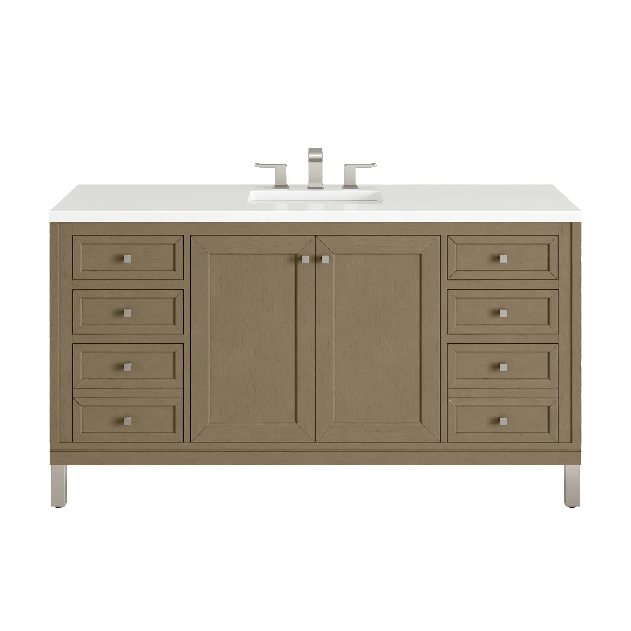 60" Chicago Single Vanity in Walnut Whisper-White Zeus Silestone-8" Widespread image