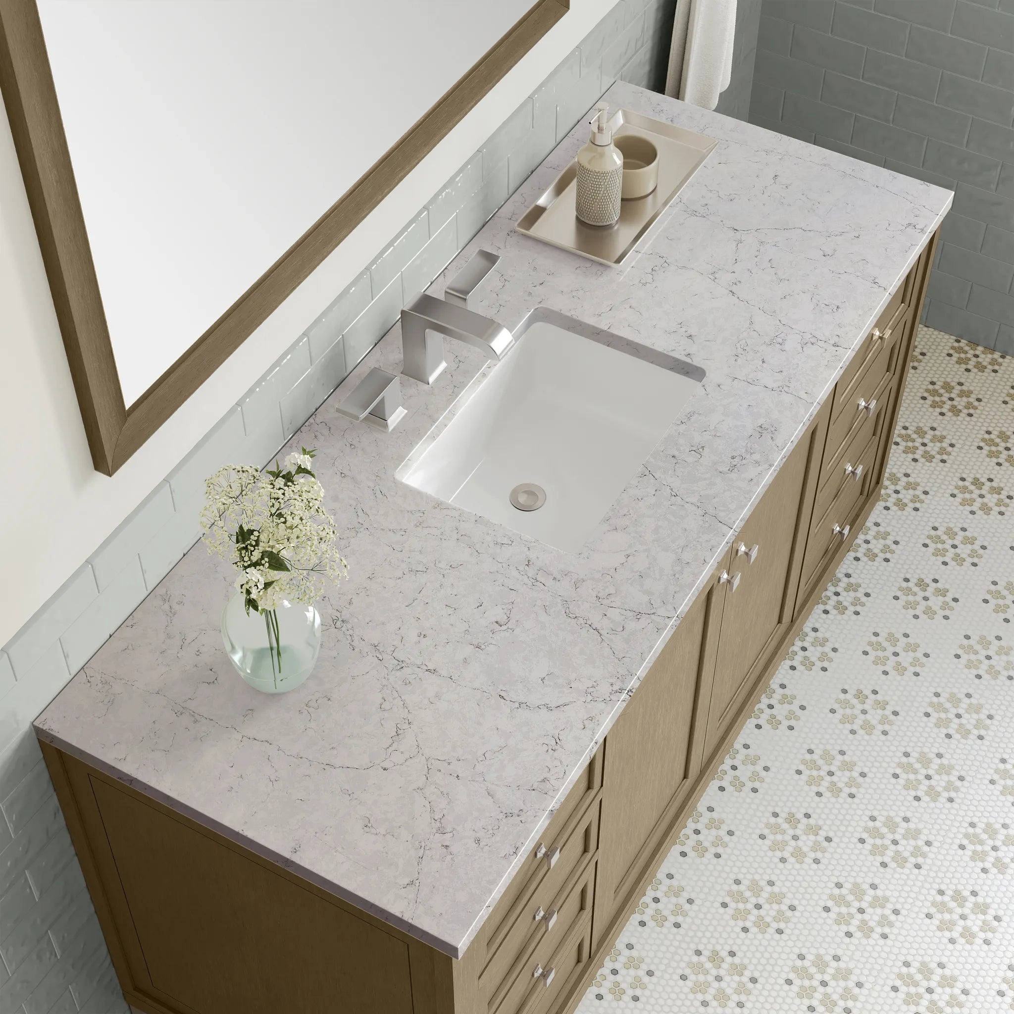 60" Chicago Single Vanity in Walnut Whisper, Wireless Charger-Eternal Jasmine Pearl Silestone-8" Widespread image 12