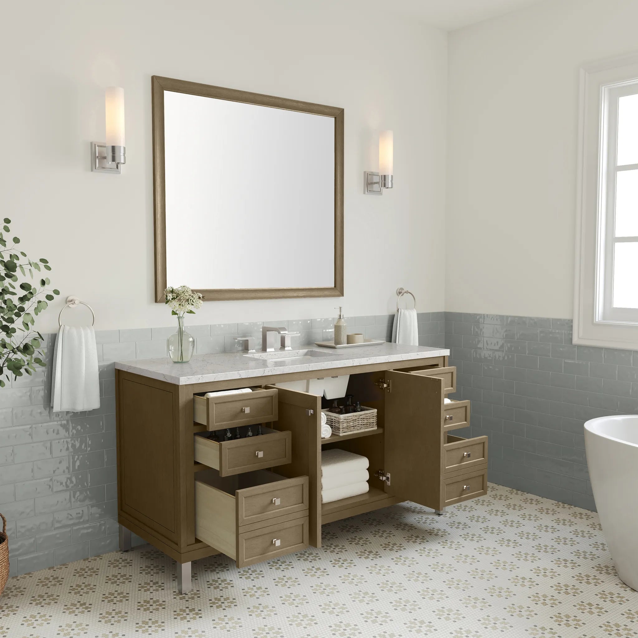 60" Chicago Single Vanity in Walnut Whisper, Wireless Charger-Eternal Jasmine Pearl Silestone-8" Widespread image 8