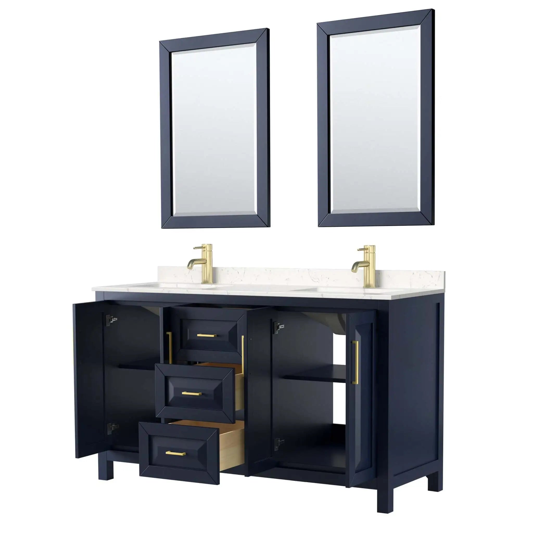 60" Daria Double Bathroom Vanity in Dark Blue with Brushed Gold Trim & 24" Mirror by Wyndham