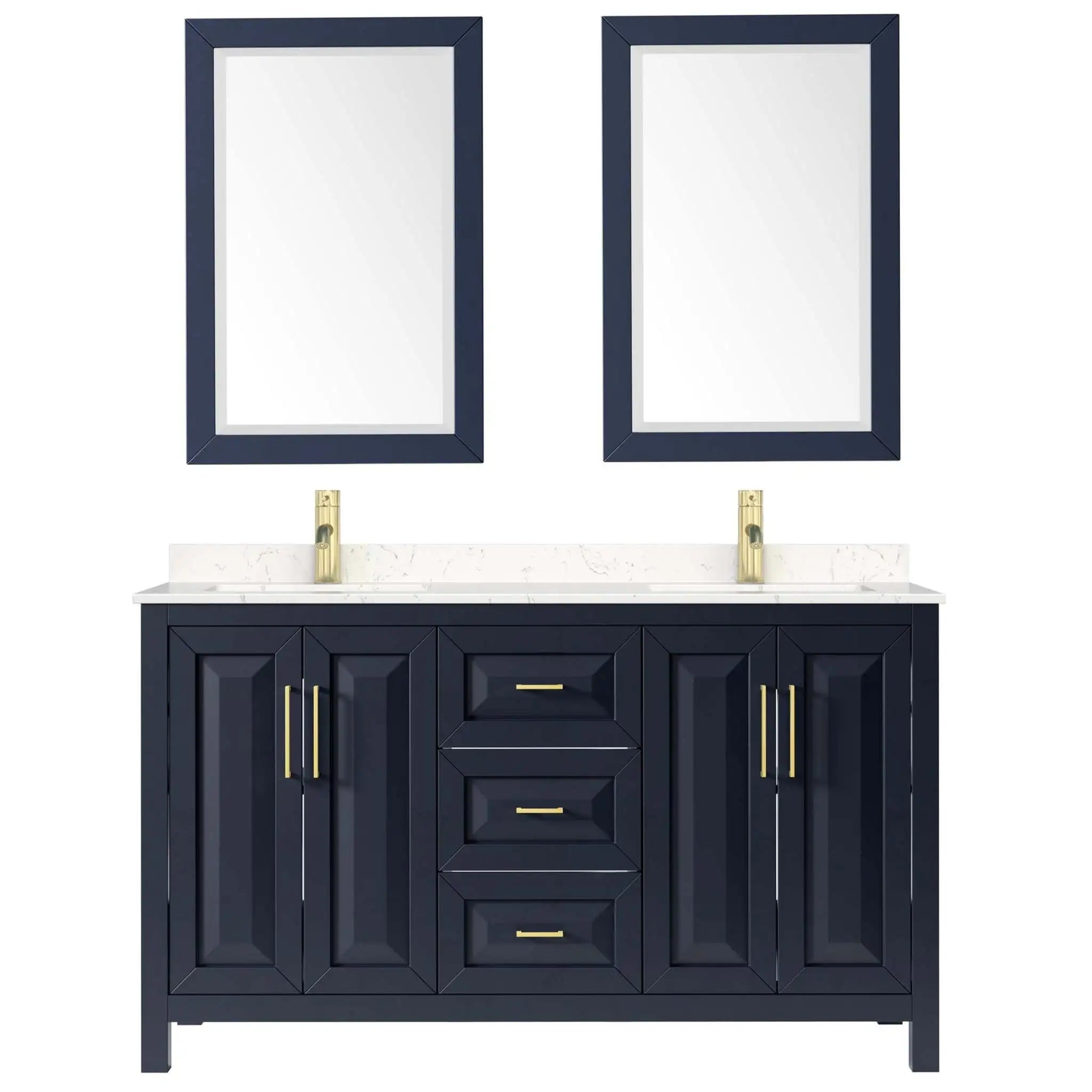 60" Daria Double Bathroom Vanity in Dark Blue with Brushed Gold Trim & 24" Mirror by Wyndham