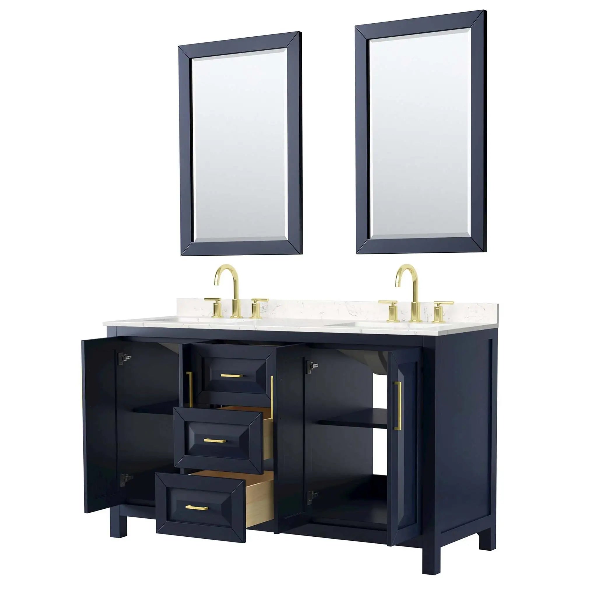60" Daria Double Bathroom Vanity in Dark Blue with Brushed Gold Trim & 24" Mirror by Wyndham