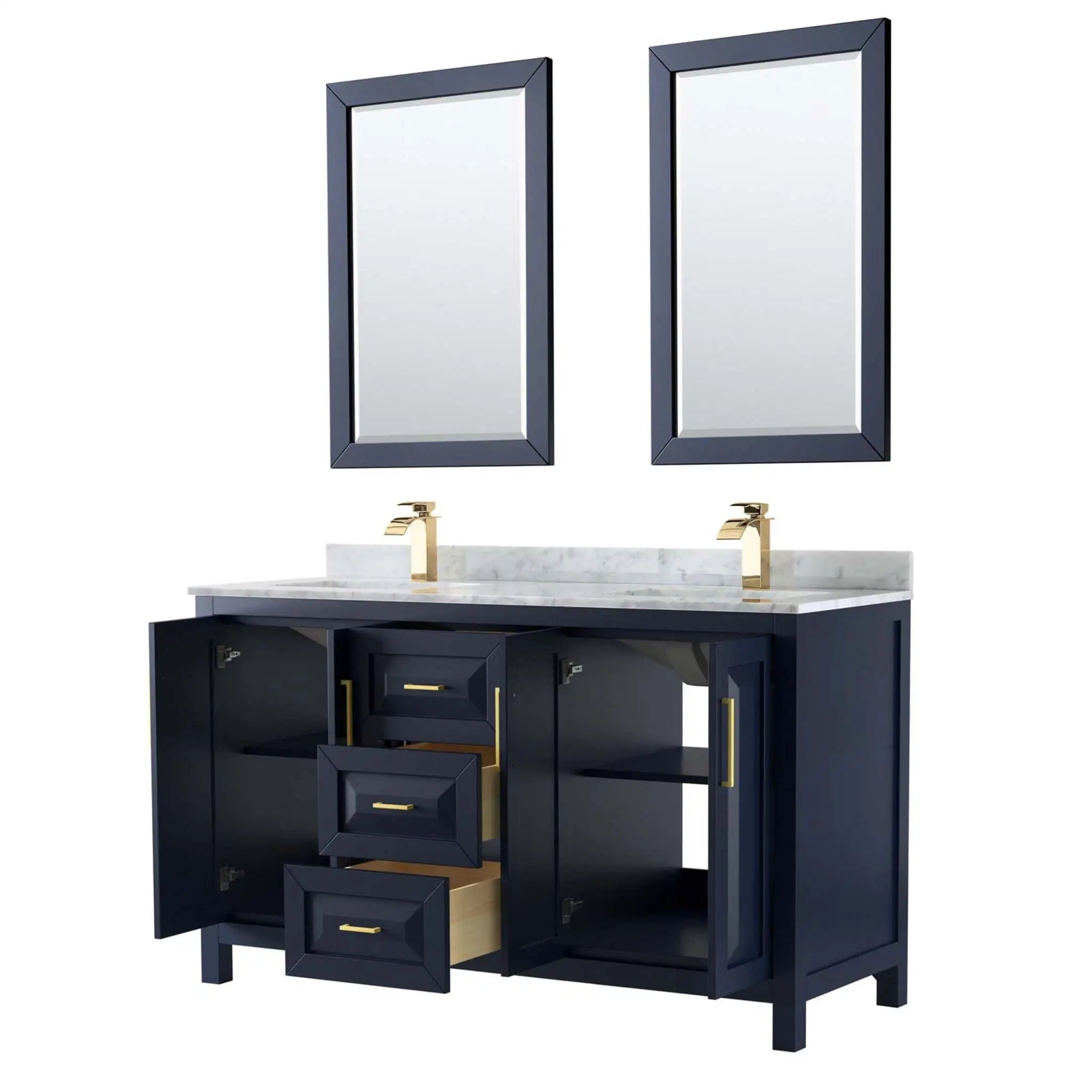 60" Daria Double Bathroom Vanity in Dark Blue with Brushed Gold Trim & 24" Mirror by Wyndham
