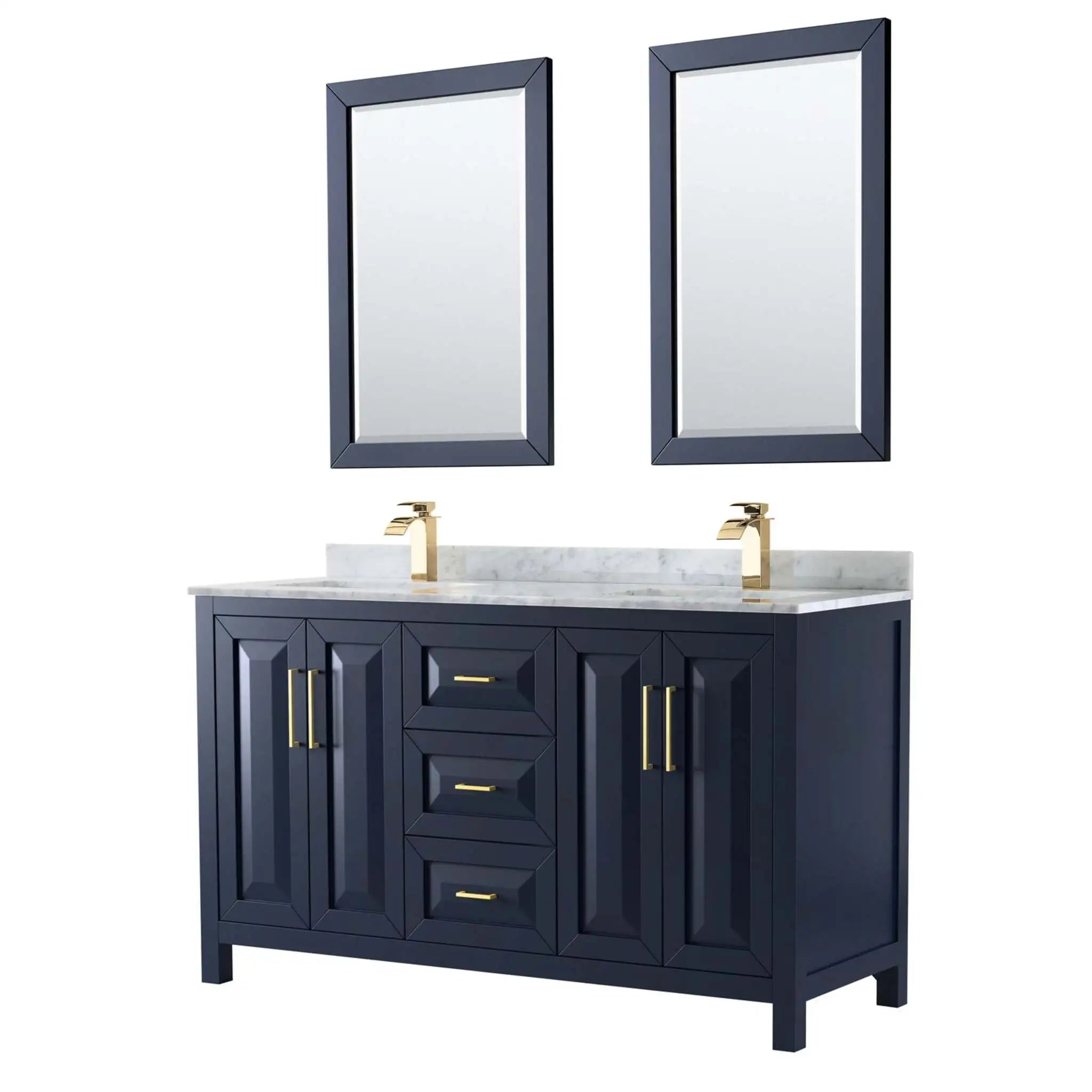 60" Daria Double Bathroom Vanity in Dark Blue with Brushed Gold Trim & 24" Mirror by Wyndham