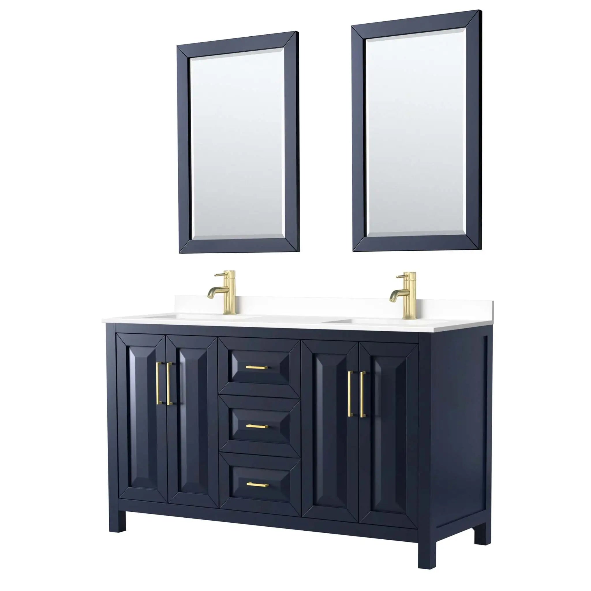60" Daria Double Bathroom Vanity in Dark Blue with Brushed Gold Trim & 24" Mirror by Wyndham