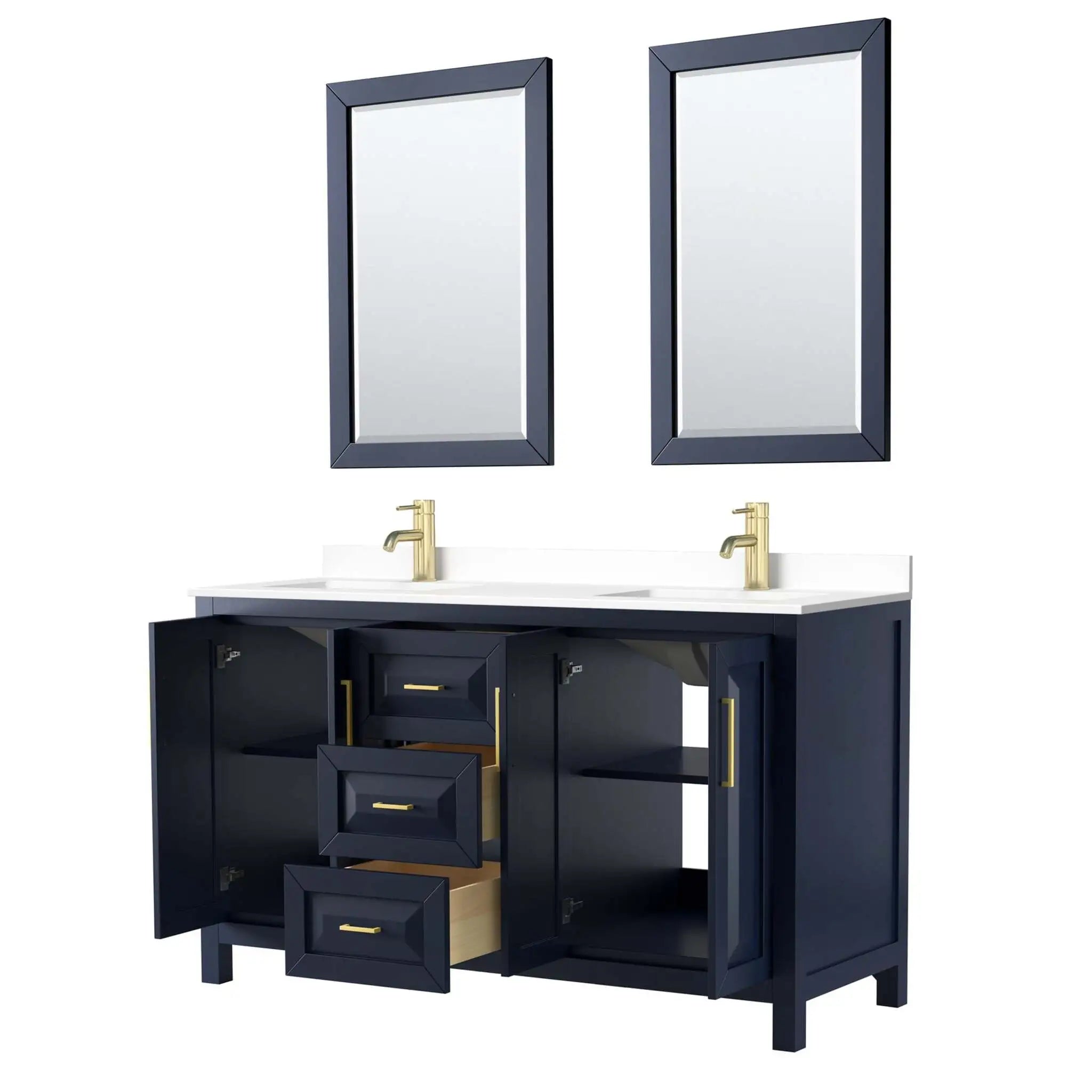 60" Daria Double Bathroom Vanity in Dark Blue with Brushed Gold Trim & 24" Mirror by Wyndham