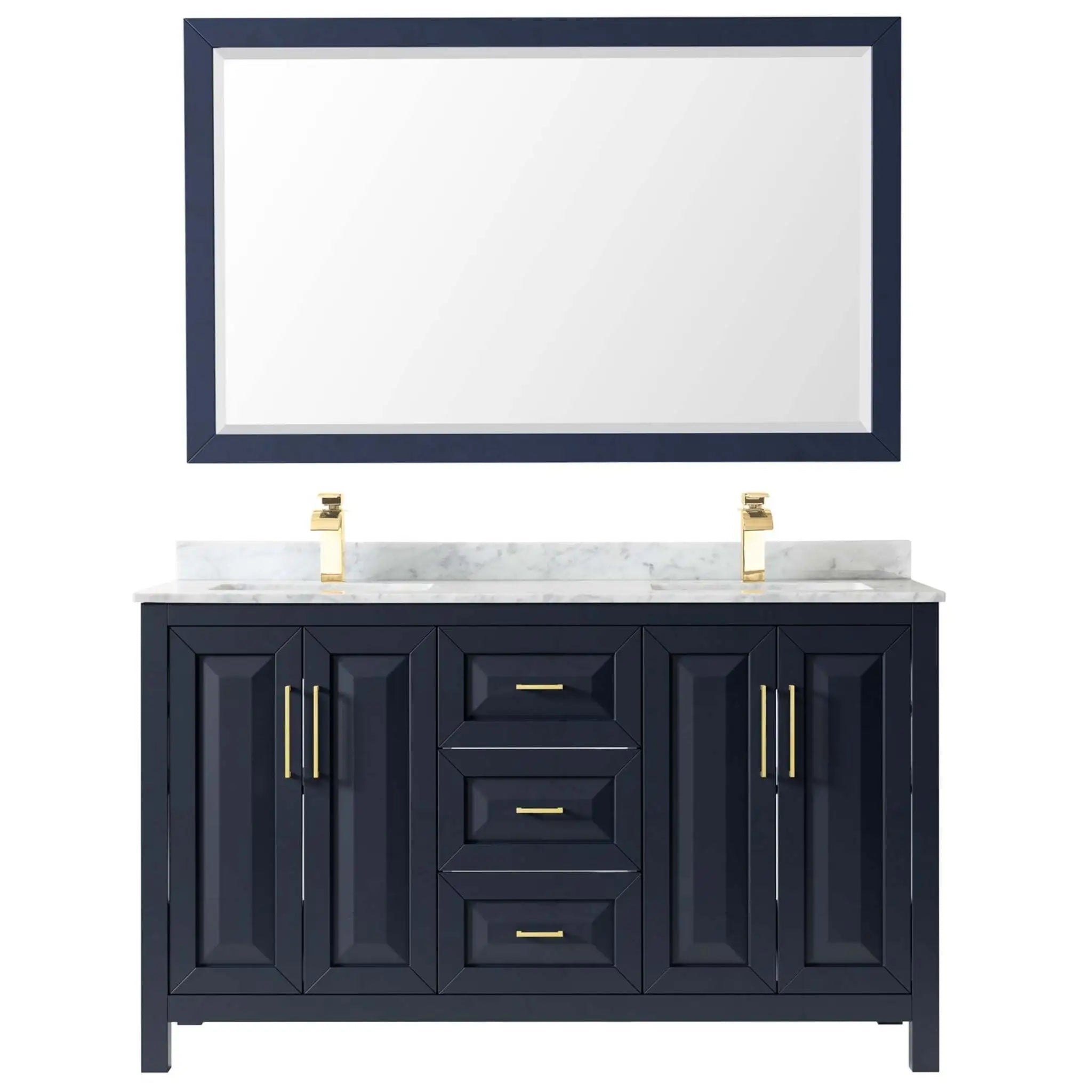 60" Daria Double Bathroom Vanity in Dark Blue with Brushed Gold Trim & 58" Mirror by Wyndham