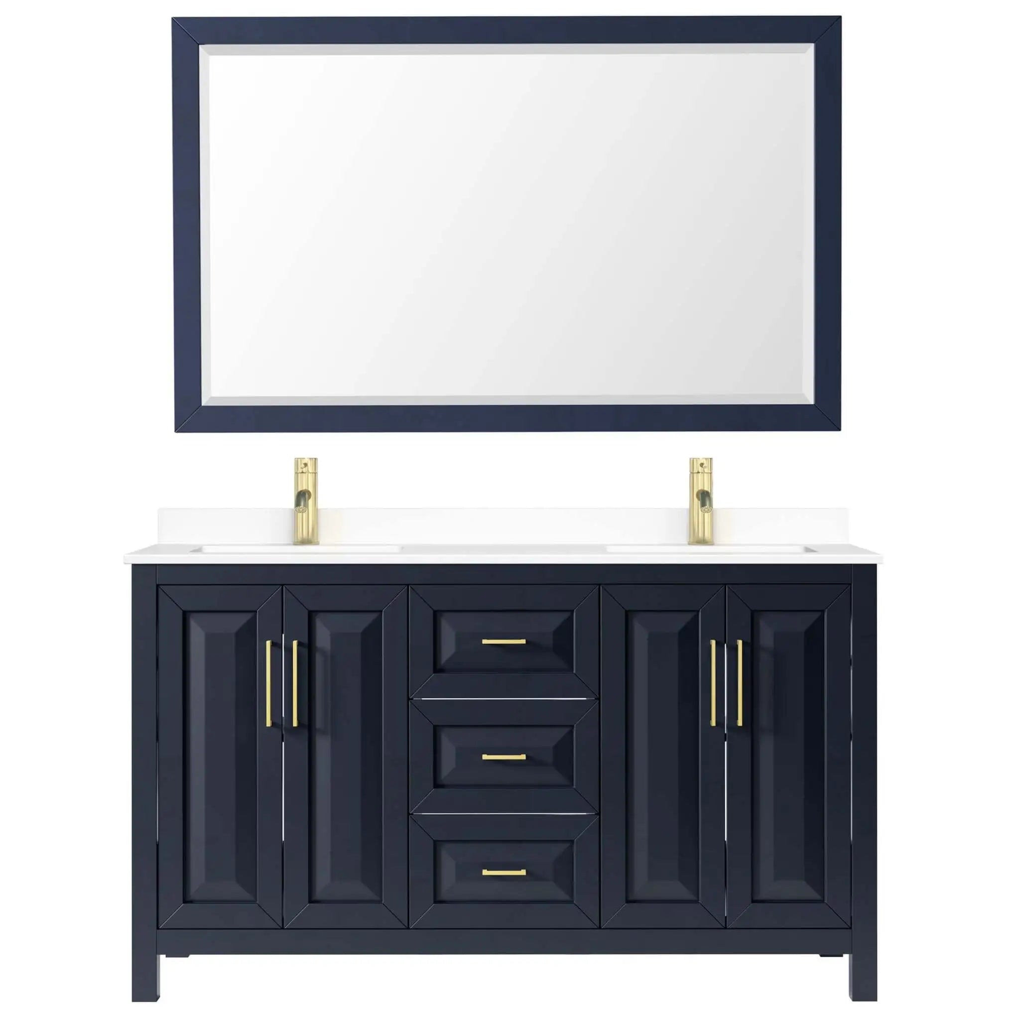 60" Daria Double Bathroom Vanity in Dark Blue with Brushed Gold Trim & 58" Mirror by Wyndham