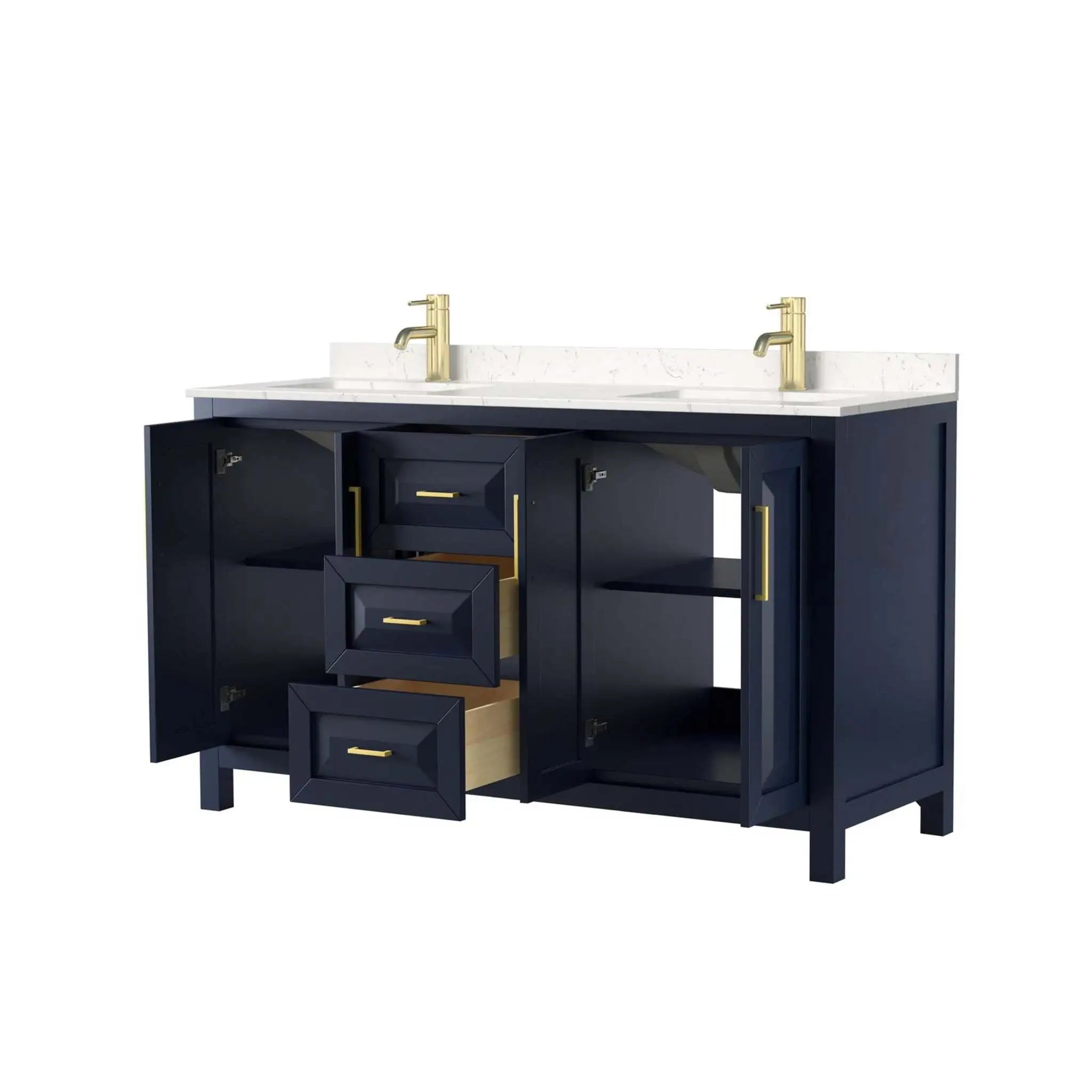 60" Daria Double Bathroom Vanity in Dark Blue with Brushed Gold Trim by Wyndham