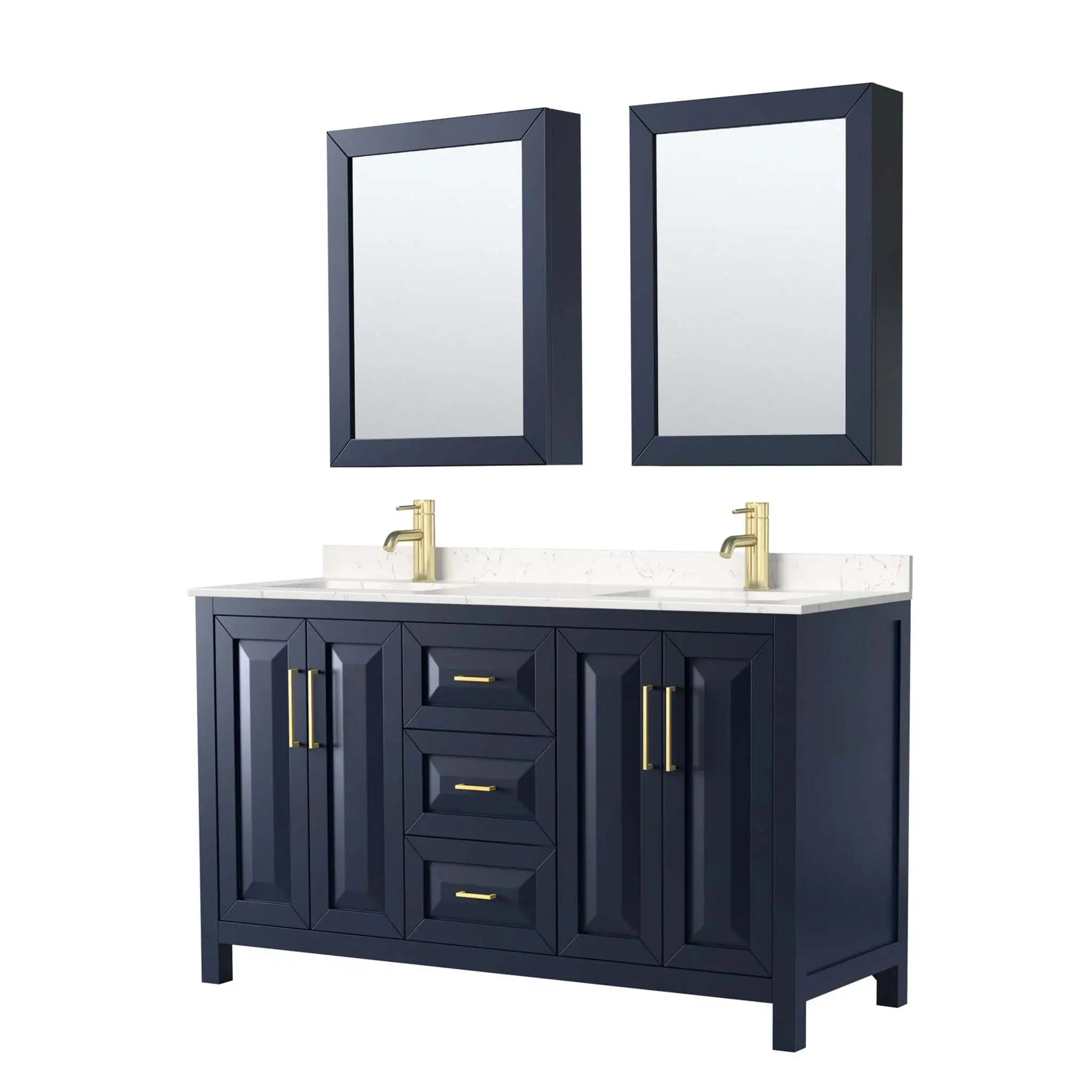 60" Daria Double Bathroom Vanity in Dark Blue with Brushed Gold Trim & Medicine Cabinet by Wyndham