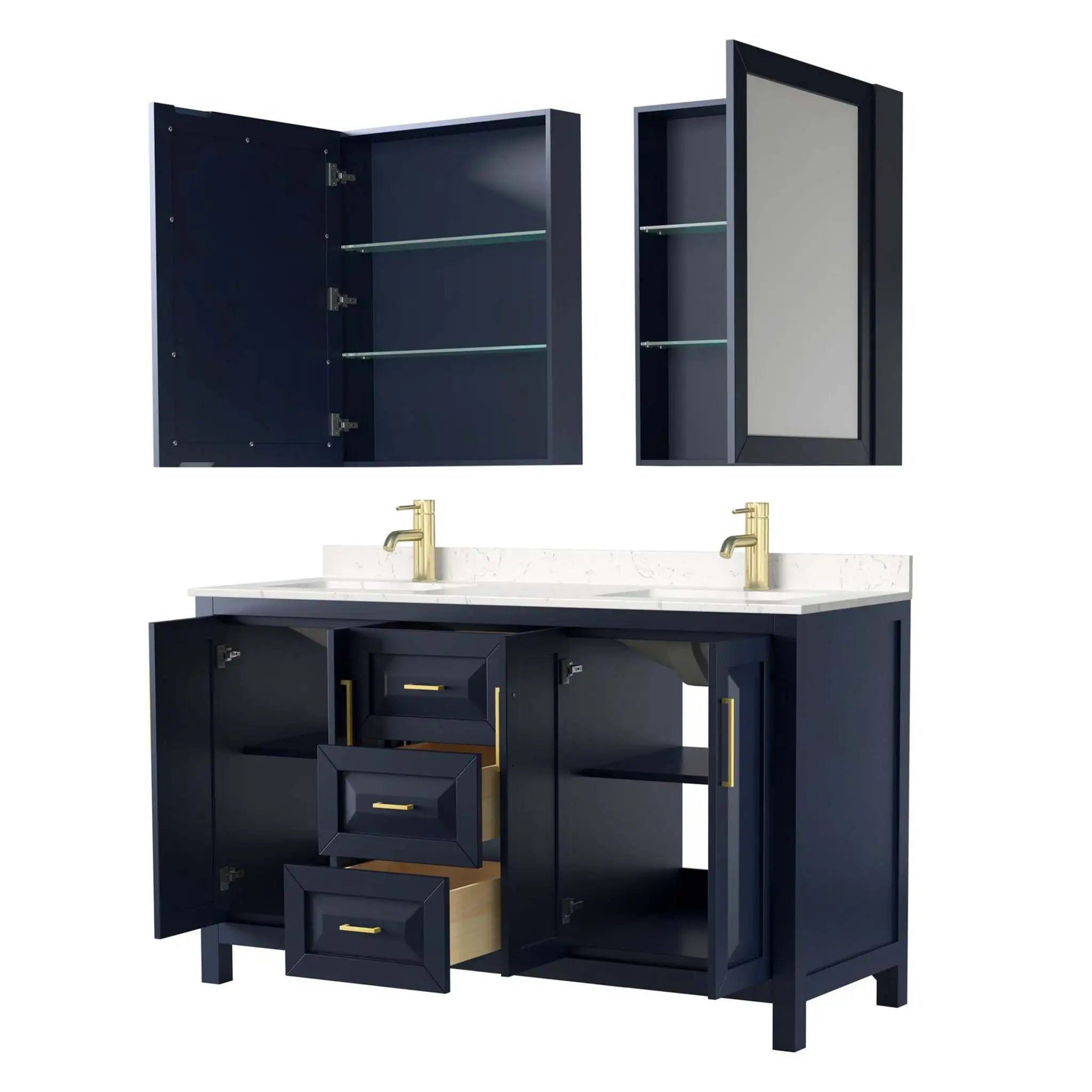 60" Daria Double Bathroom Vanity in Dark Blue with Brushed Gold Trim & Medicine Cabinet by Wyndham