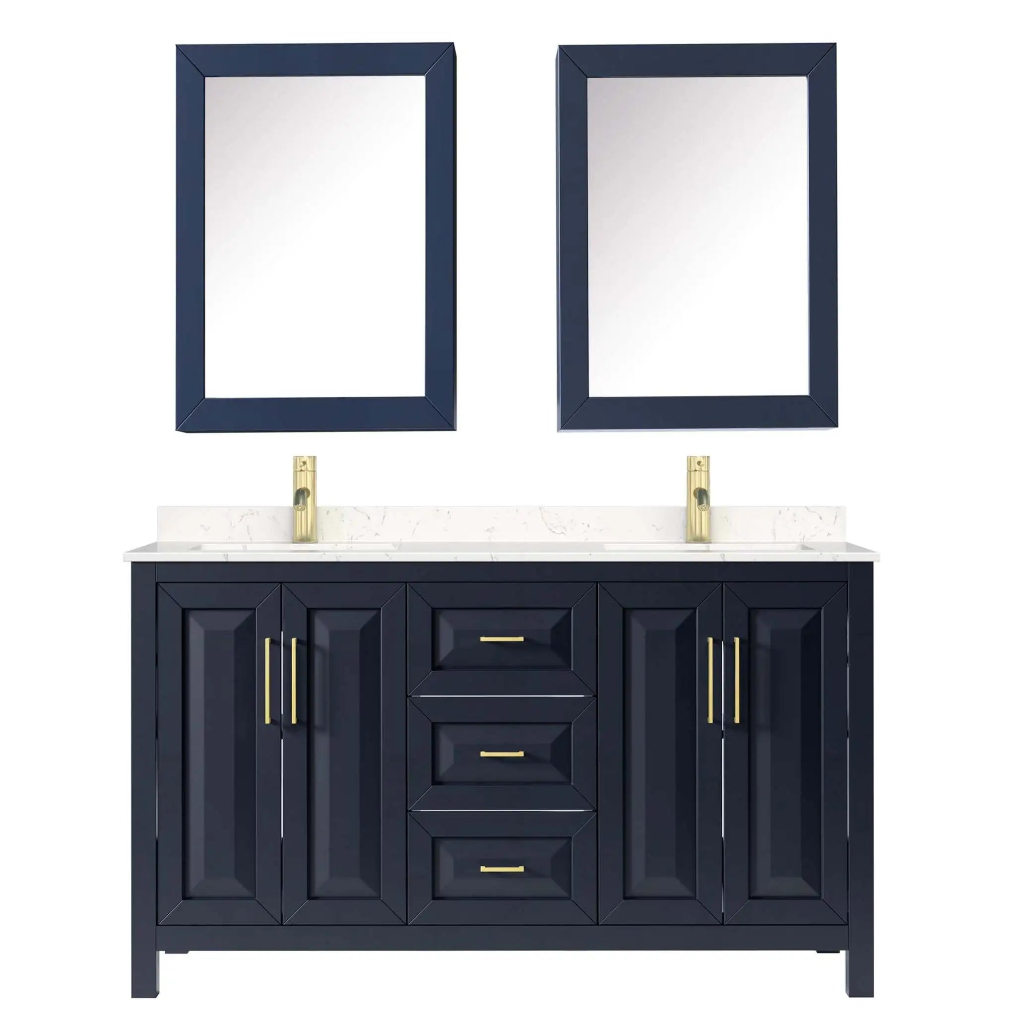 60" Daria Double Bathroom Vanity in Dark Blue with Brushed Gold Trim & Medicine Cabinet by Wyndham