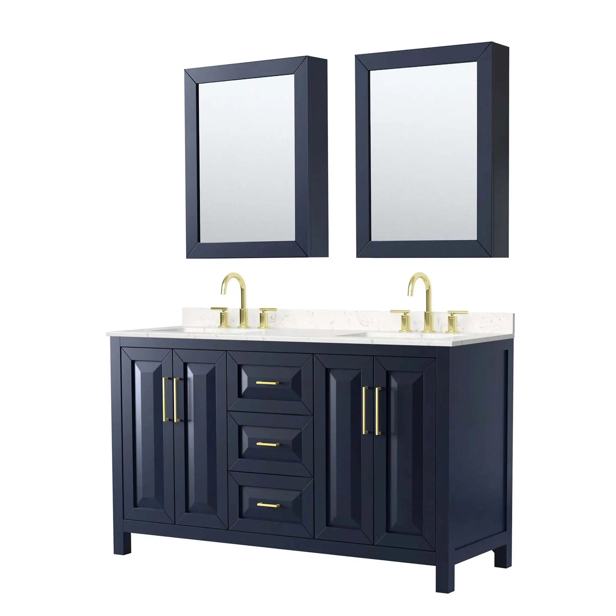 60" Daria Double Bathroom Vanity in Dark Blue with Brushed Gold Trim & Medicine Cabinet by Wyndham