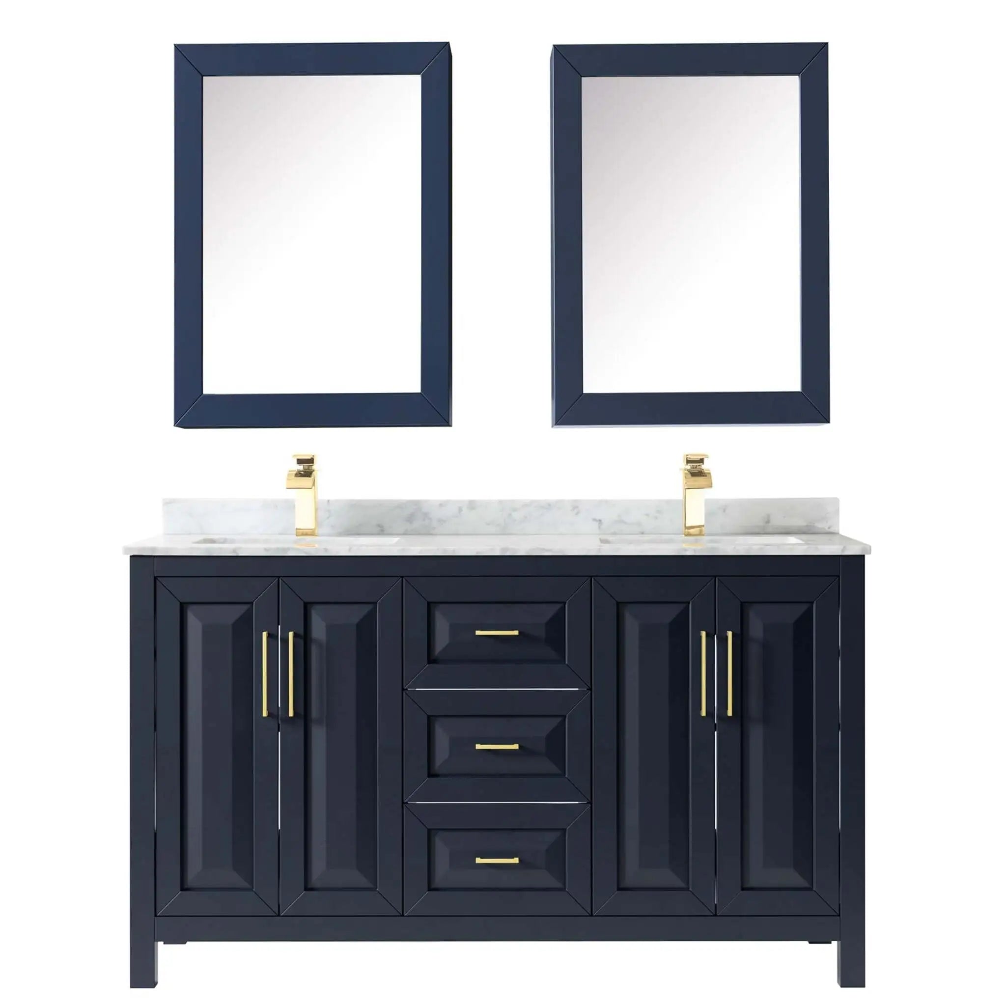 60" Daria Double Bathroom Vanity in Dark Blue with Brushed Gold Trim & Medicine Cabinet by Wyndham