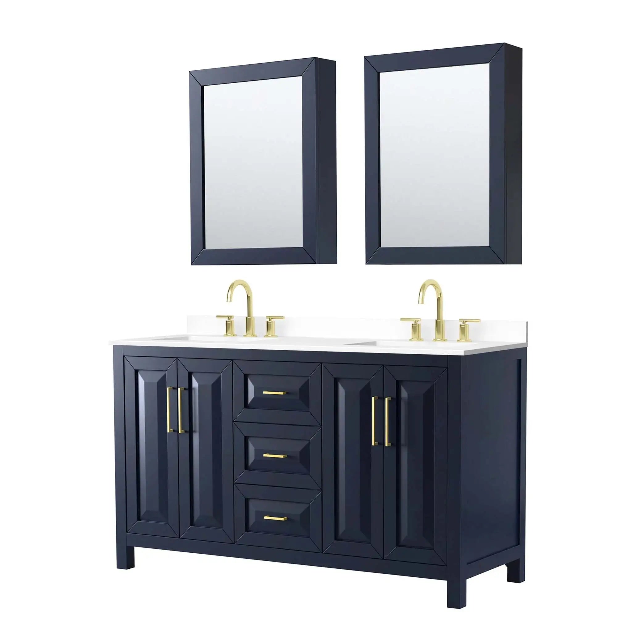 60" Daria Double Bathroom Vanity in Dark Blue with Brushed Gold Trim & Medicine Cabinet by Wyndham