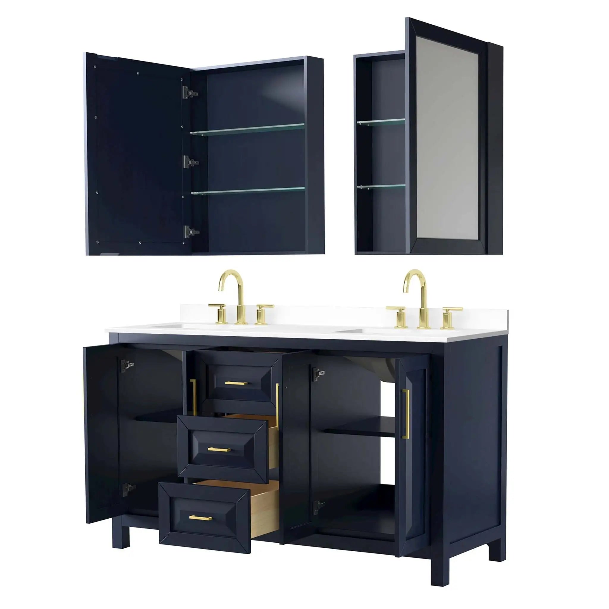 60" Daria Double Bathroom Vanity in Dark Blue with Brushed Gold Trim & Medicine Cabinet by Wyndham